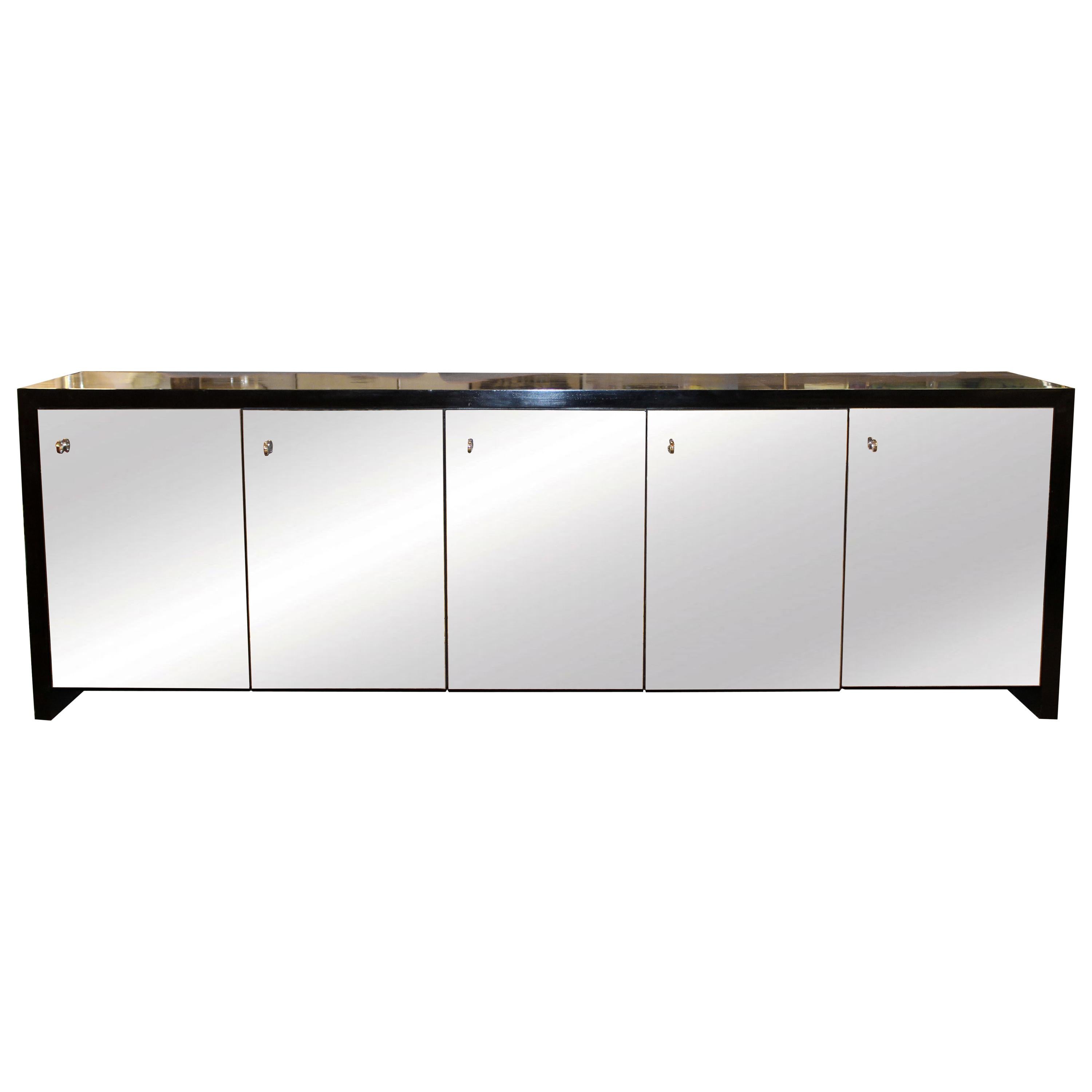 Mid-Century Modern Black Thayer Coggin Lacquer Mirrored Credenza 1970s Ello Era