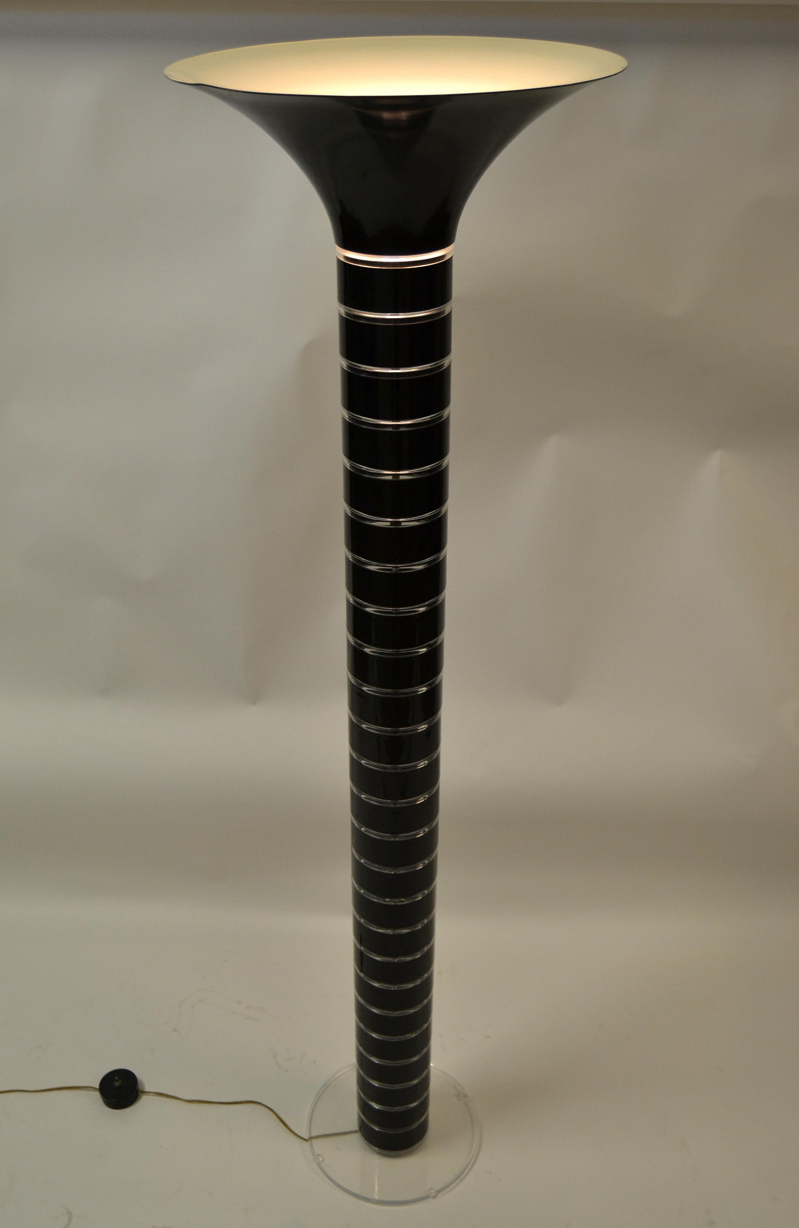 Hand-Crafted Mid-Century Modern Black and Transparent Stacked Lucite Floor Lamp Enamel Shade