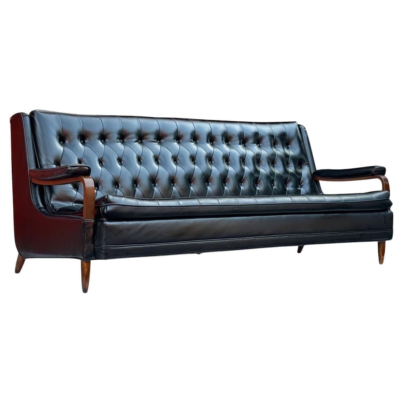 Mid Century Modern Black Tufted Walnut Sofa