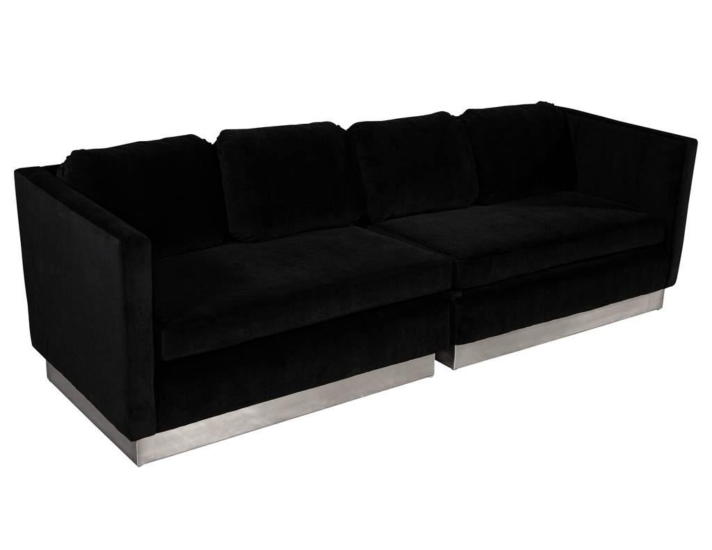 Mid-Century Modern black velvet lounge sofa two piece set. Mid-Century Modern design with splittable two-piece sofa set reupholstered in a midnight black velvet. Sofa has a silver metal base.

Price includes complimentary curb side delivery to the