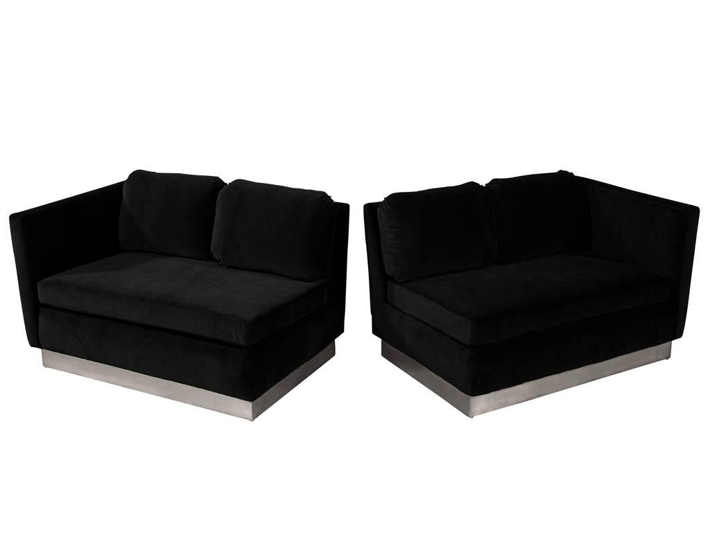 American Mid-Century Modern Black Velvet Lounge Sofa Two Piece Set For Sale
