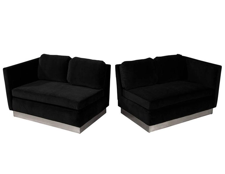 MidCentury Modern Black Velvet Lounge Sofa Two Piece Set For Sale at