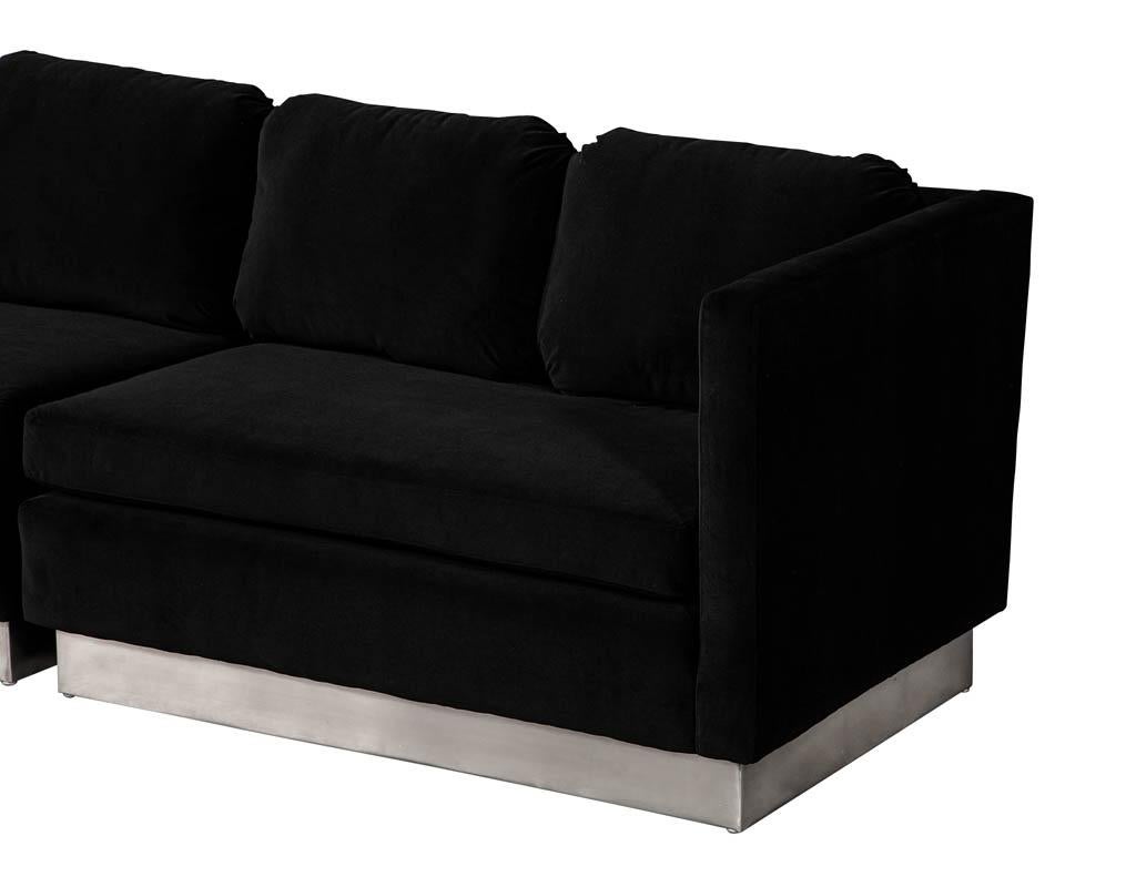 Late 20th Century Mid-Century Modern Black Velvet Lounge Sofa Two Piece Set For Sale