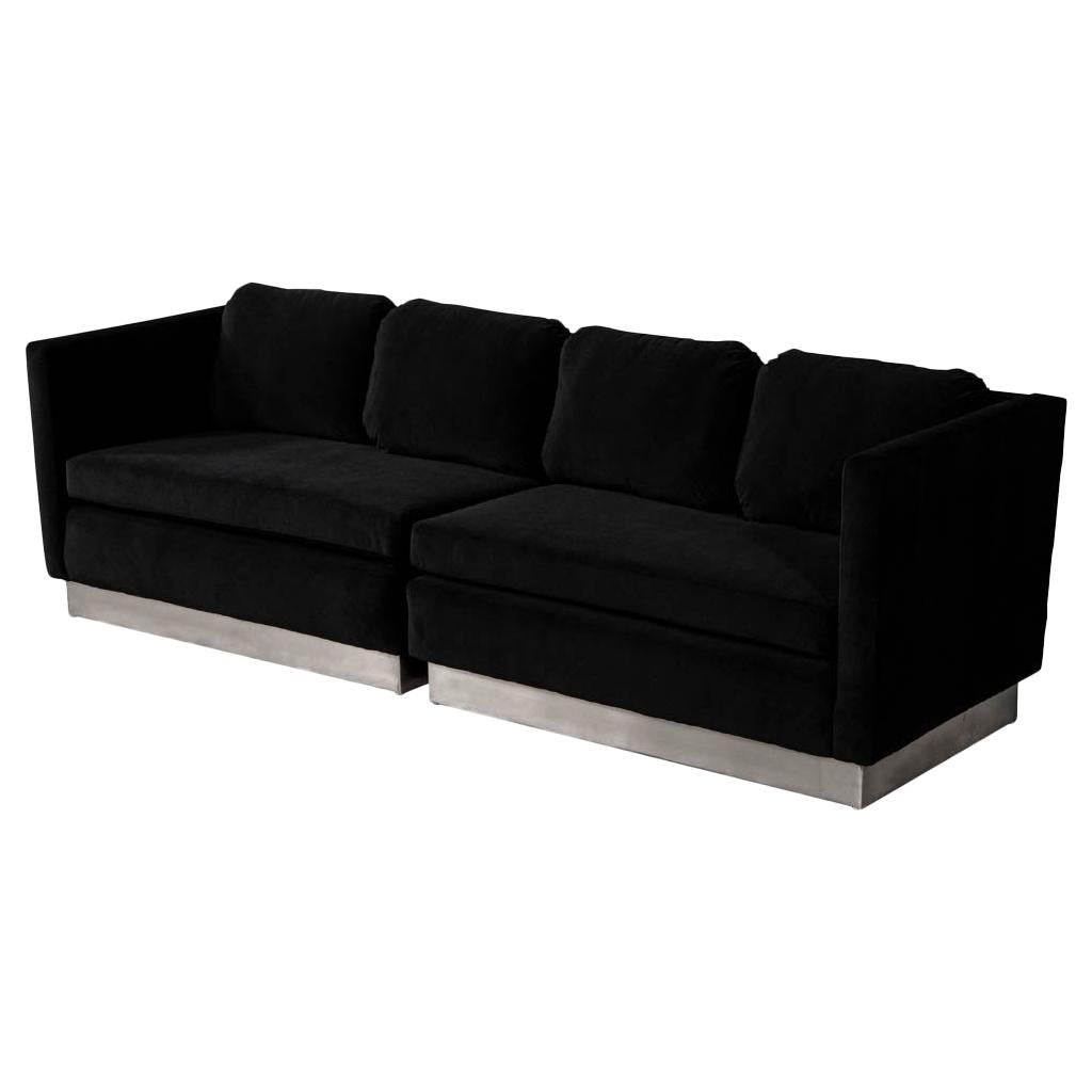 Mid-Century Modern Black Velvet Lounge Sofa Two Piece Set