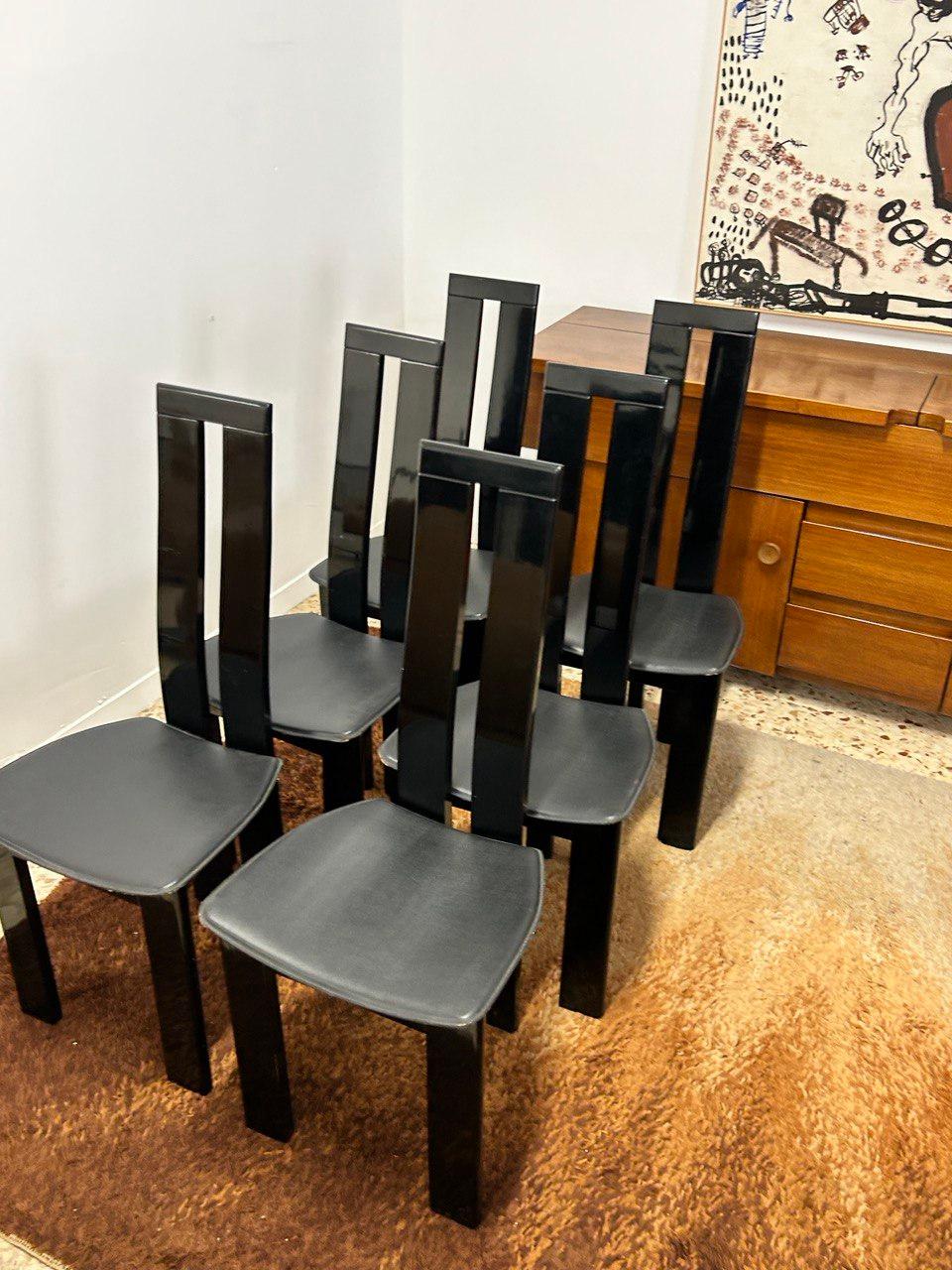 Italian Mid-Century Modern Black Vintage 6 Dining Chairs by Pietro Costantini 1970 Italy For Sale