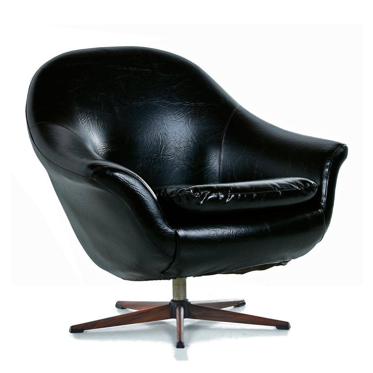 Mid-Century Modern Black Vinyl Swivel Pod Chair with Rosewood Base by