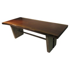 Mid Century Modern Black Walnut Live Edge Cocktail Table Or Bench w Stone Legs