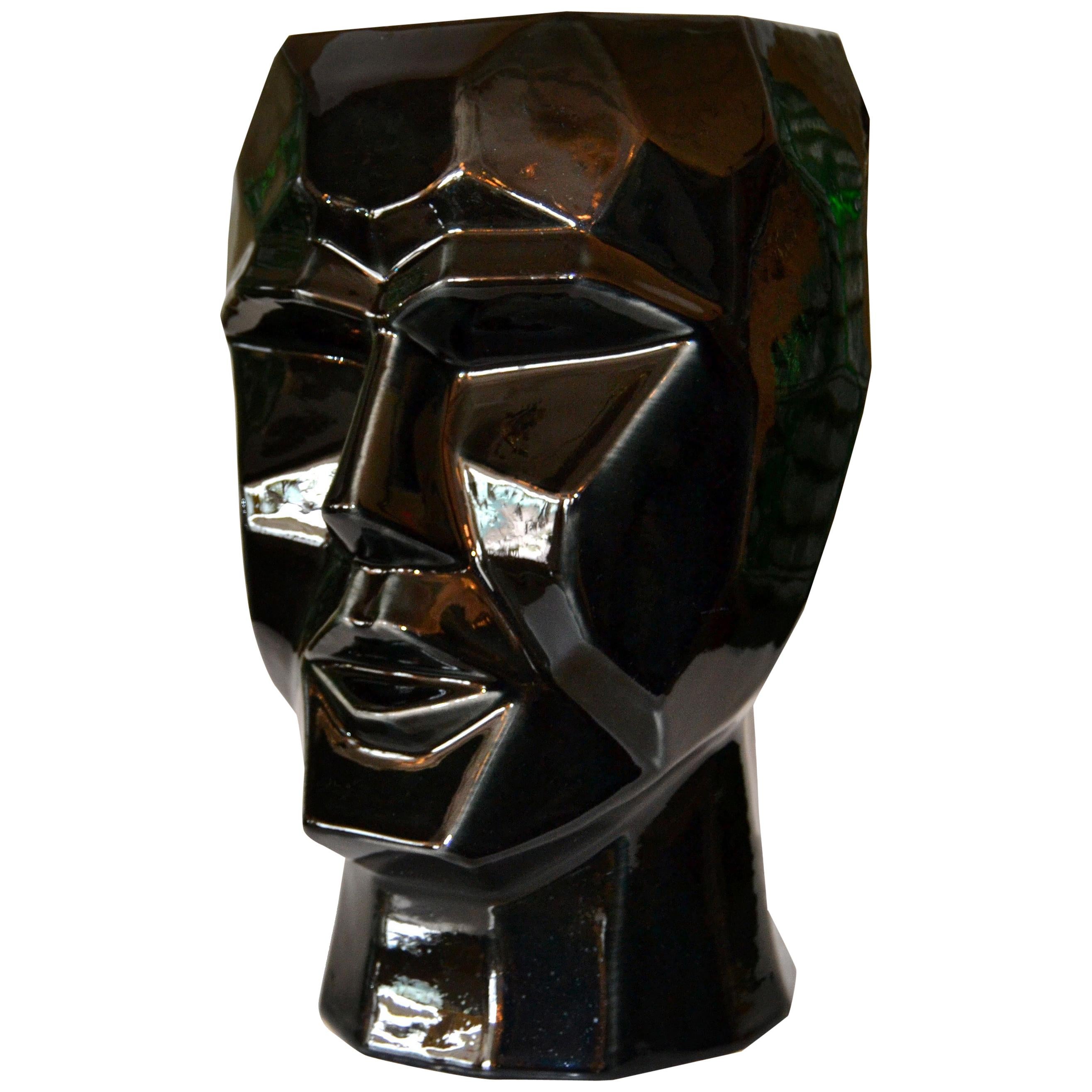 MidCentury Modern Perpetual Glazed Beige Ceramic Face Vase, Head