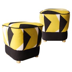 Mid-Century Modern Black White Pistachio Brass Italian Pouf, 1950