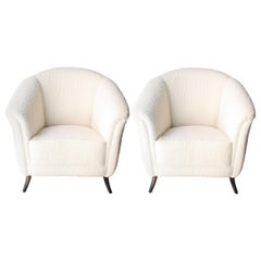 Mid-Century Modern Black White Wood Bouclé Pair of Armchairs, France, 1950