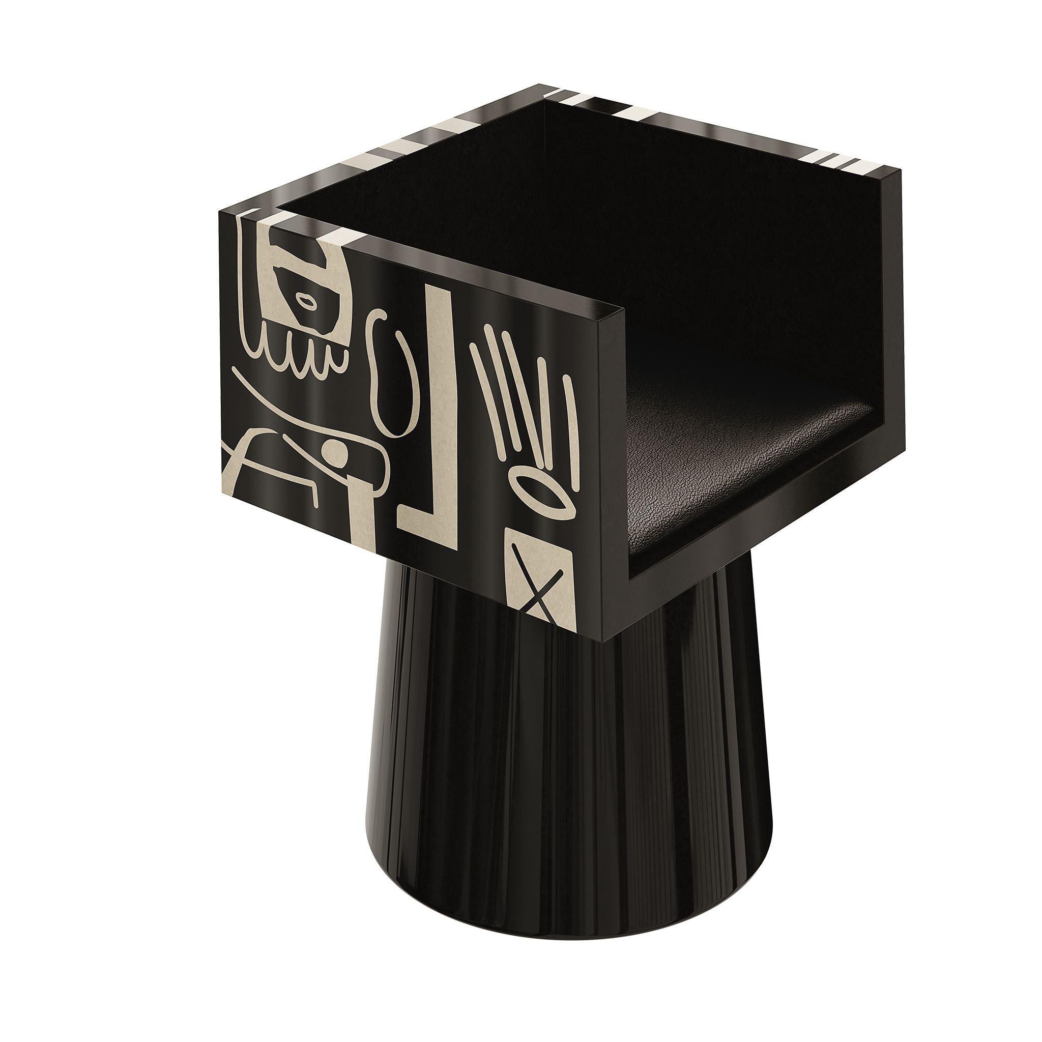 Contemporary Mid-century Modern Black Wood Chair Back Marquetry Pattern Dining Room Chair For Sale