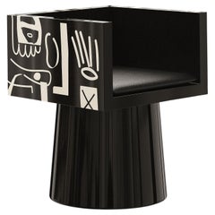 Mid-century Modern Black Wood Chair Back Marquetry Pattern Dining Room Chair