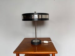 Mid-Century Modern Blackened and Chrome Metal Circular Shade Table or Desk Lamp