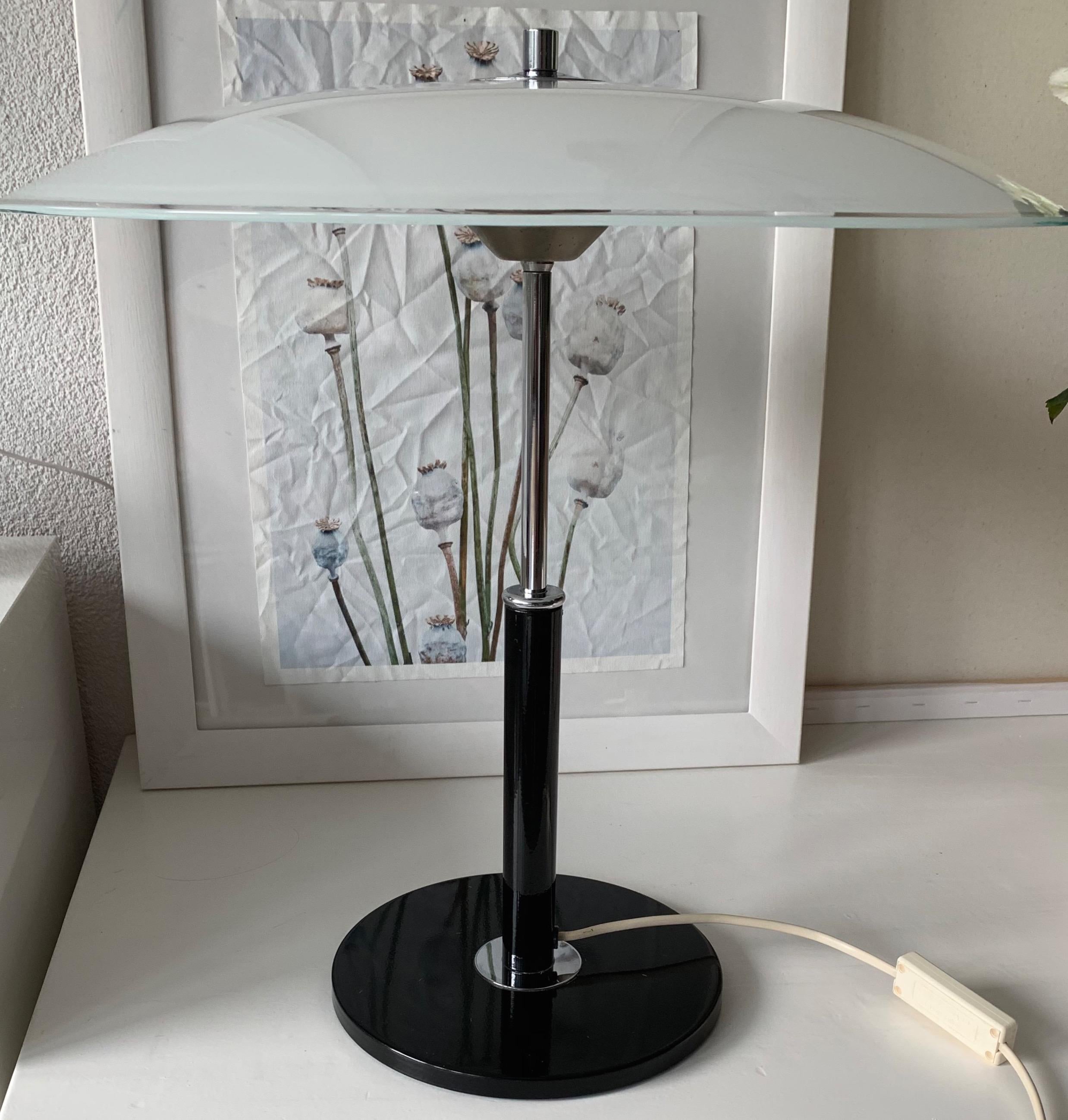 20th Century Mid-Century Modern Blackened and Chrome Metal with Glass Shade Table / Desk Lamp