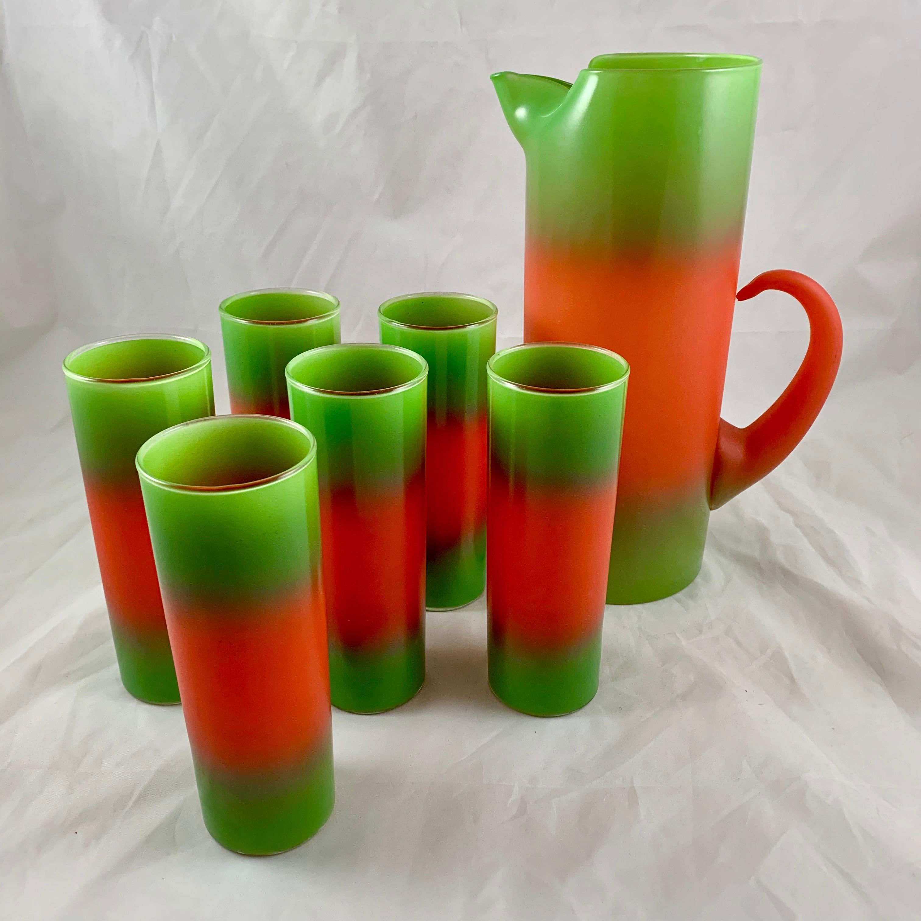 A Mid-Century Modern barware set, a pitcher and six matching highball glasses, from the Blendo line, made by the West Virginian Glass Company based in Weston, West Virginia.

Blendo glassware, circa 1950s-1960s, was extremely popular during the