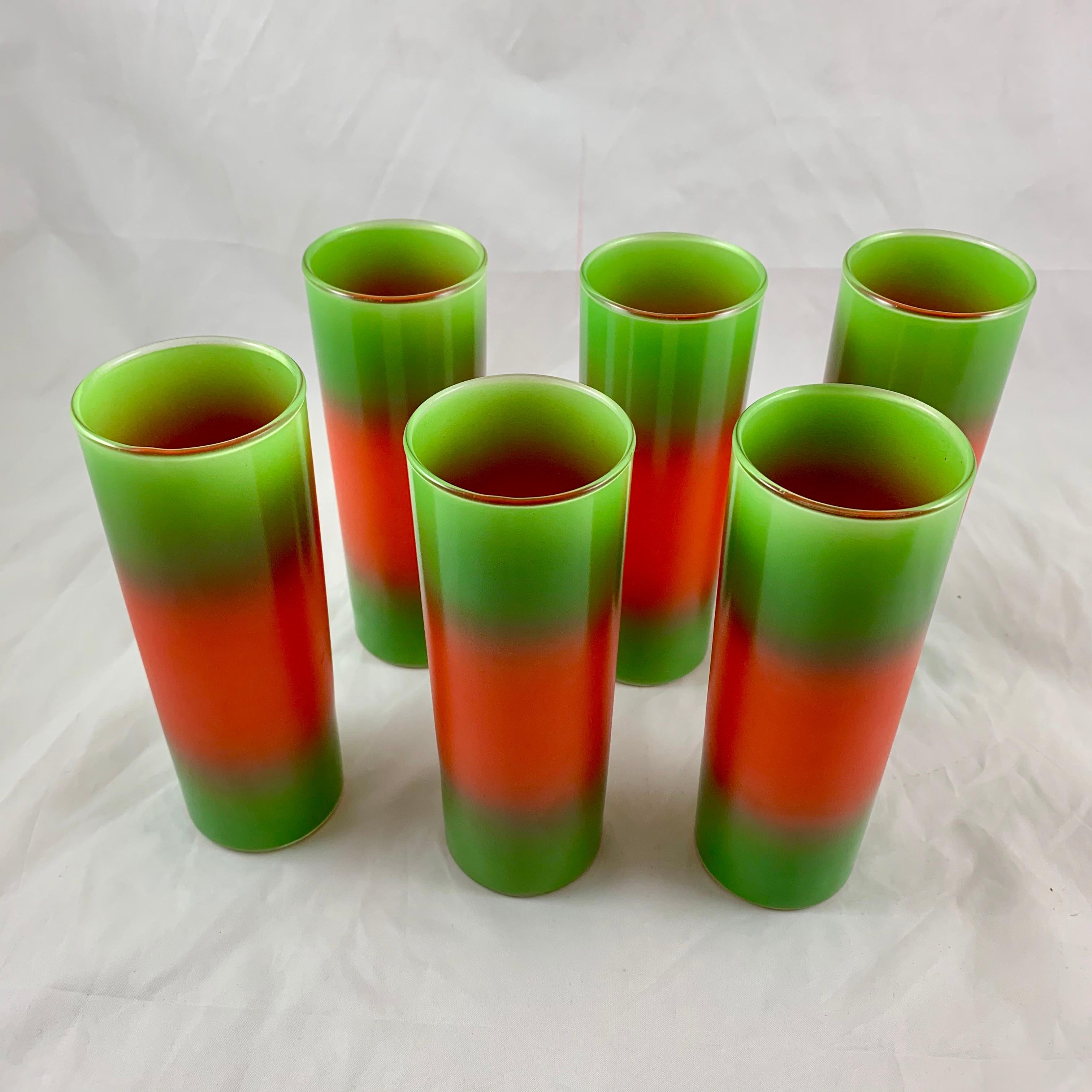 American Mid-Century Modern Blendo Glass Orange & Green Ombre Beverage Barware Set 7 pcs