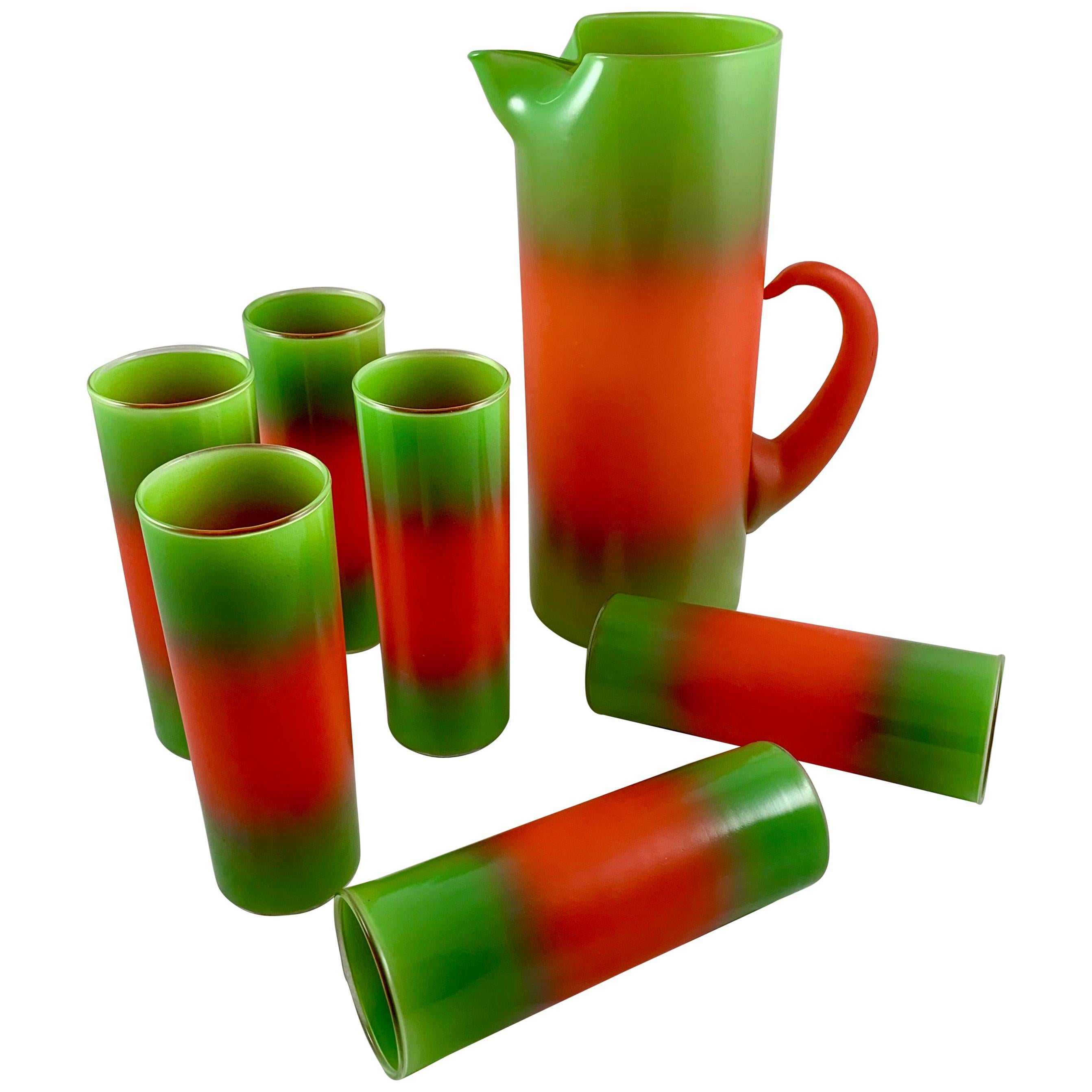 Mid-Century Modern Blendo Glass Orange & Green Ombre Beverage Barware Set 7 pcs