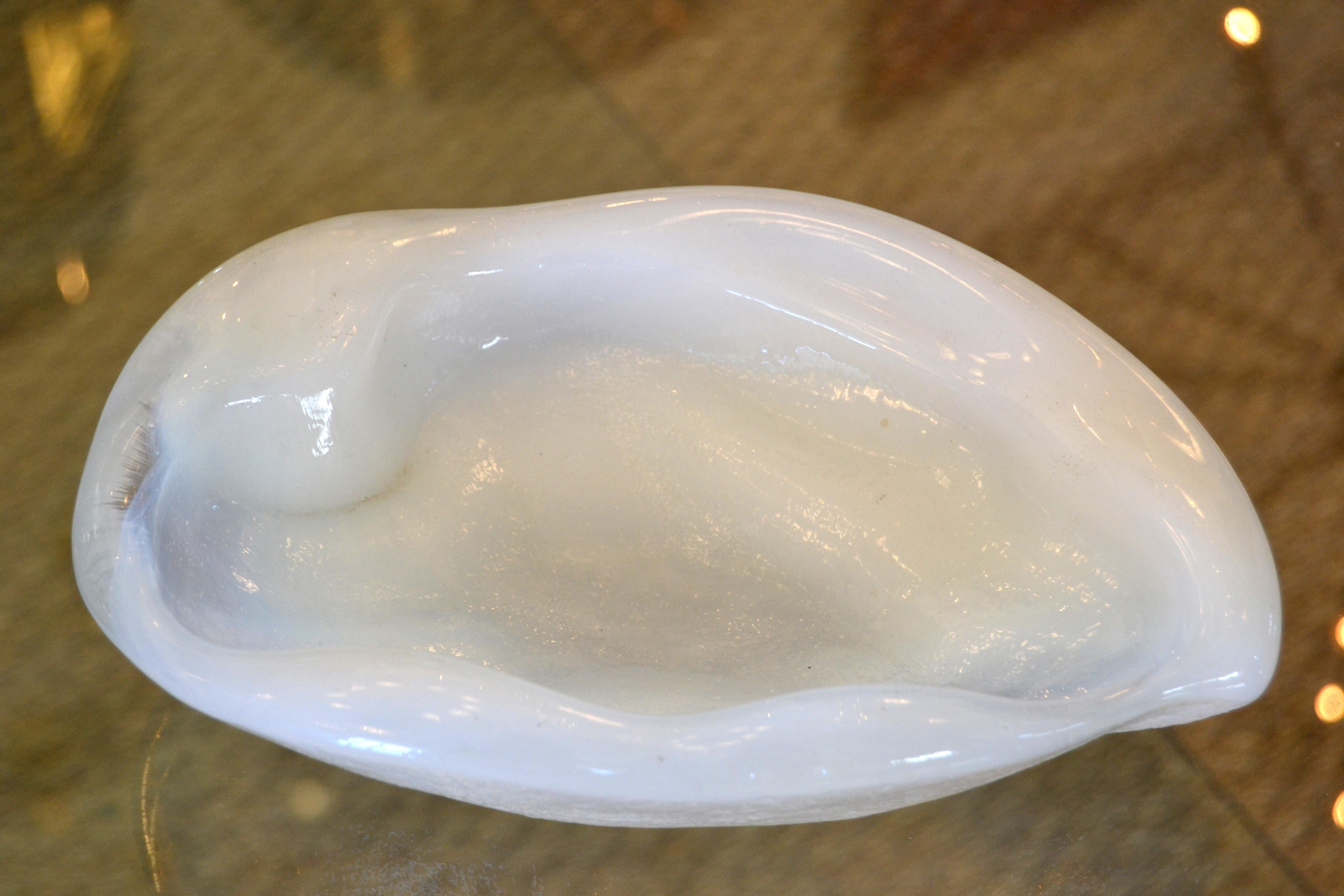 Mid-Century Modern Blenko attributed thick white and clear glass catchall, bowl, ashtray.