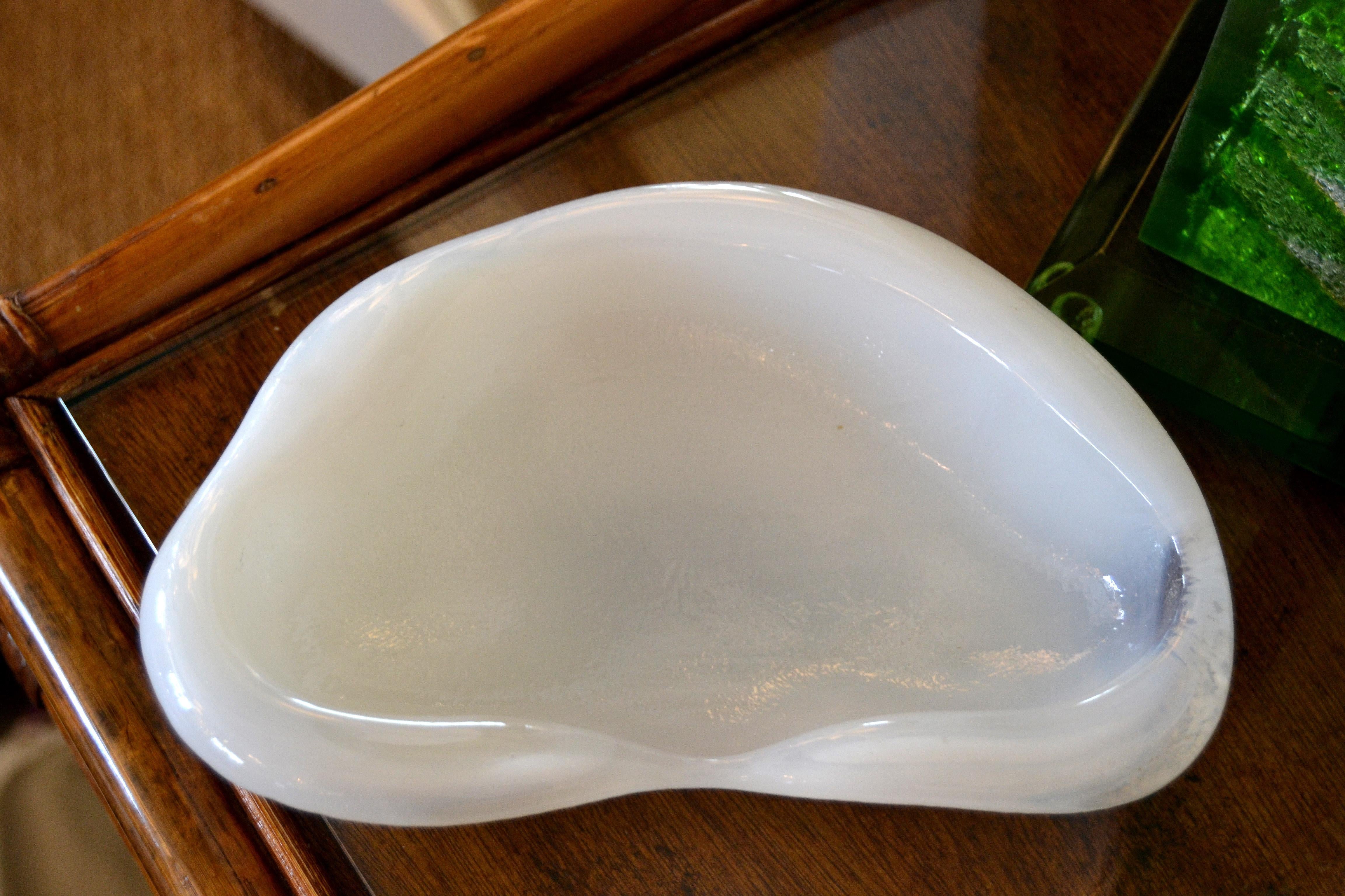 Mid-Century Modern Blenko attributed thick white and clear glass catchall, bowl, ashtray.