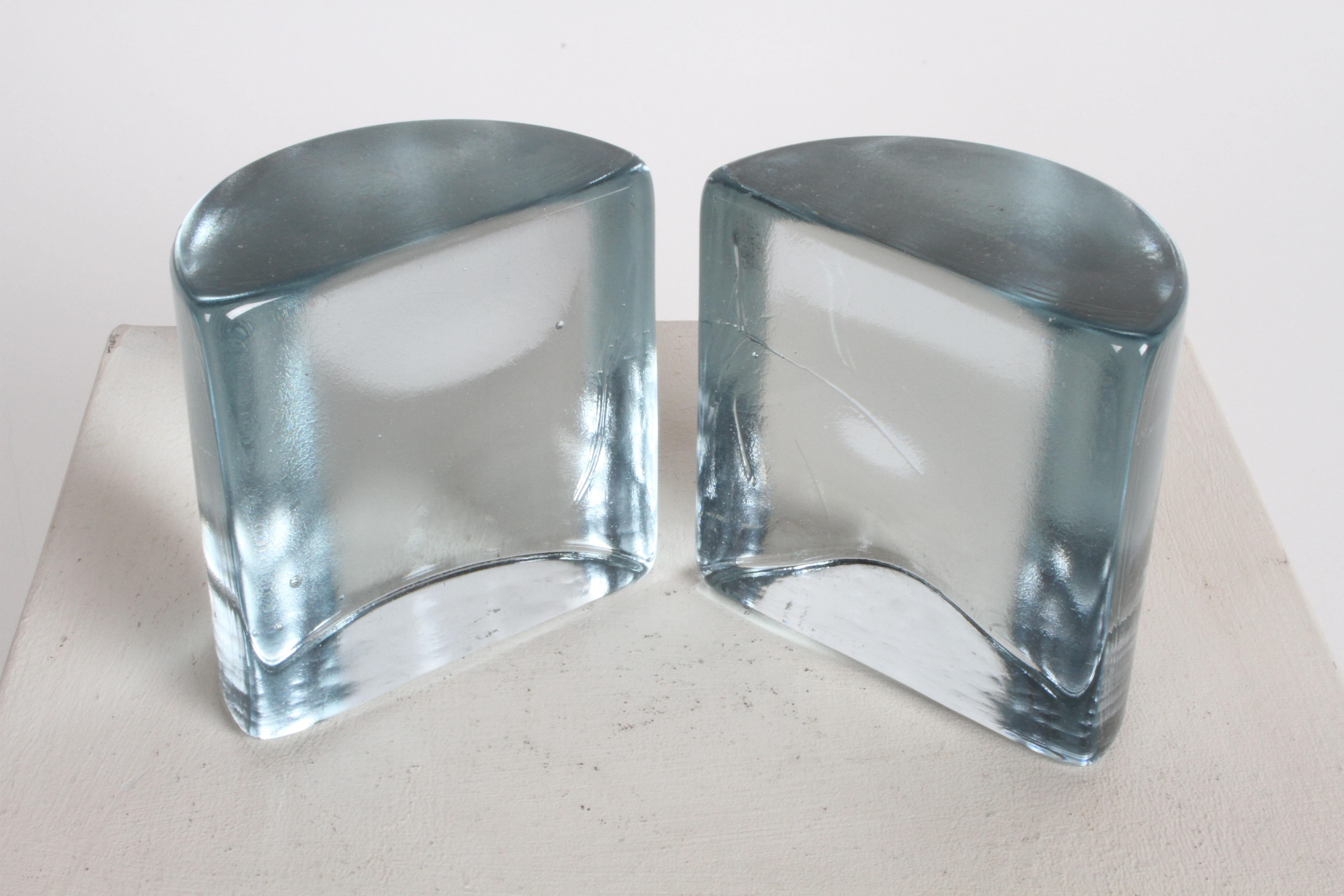 Mid-Century Modern Blenko Clear Glass Half Circle Bookends by Wayne Husted 3