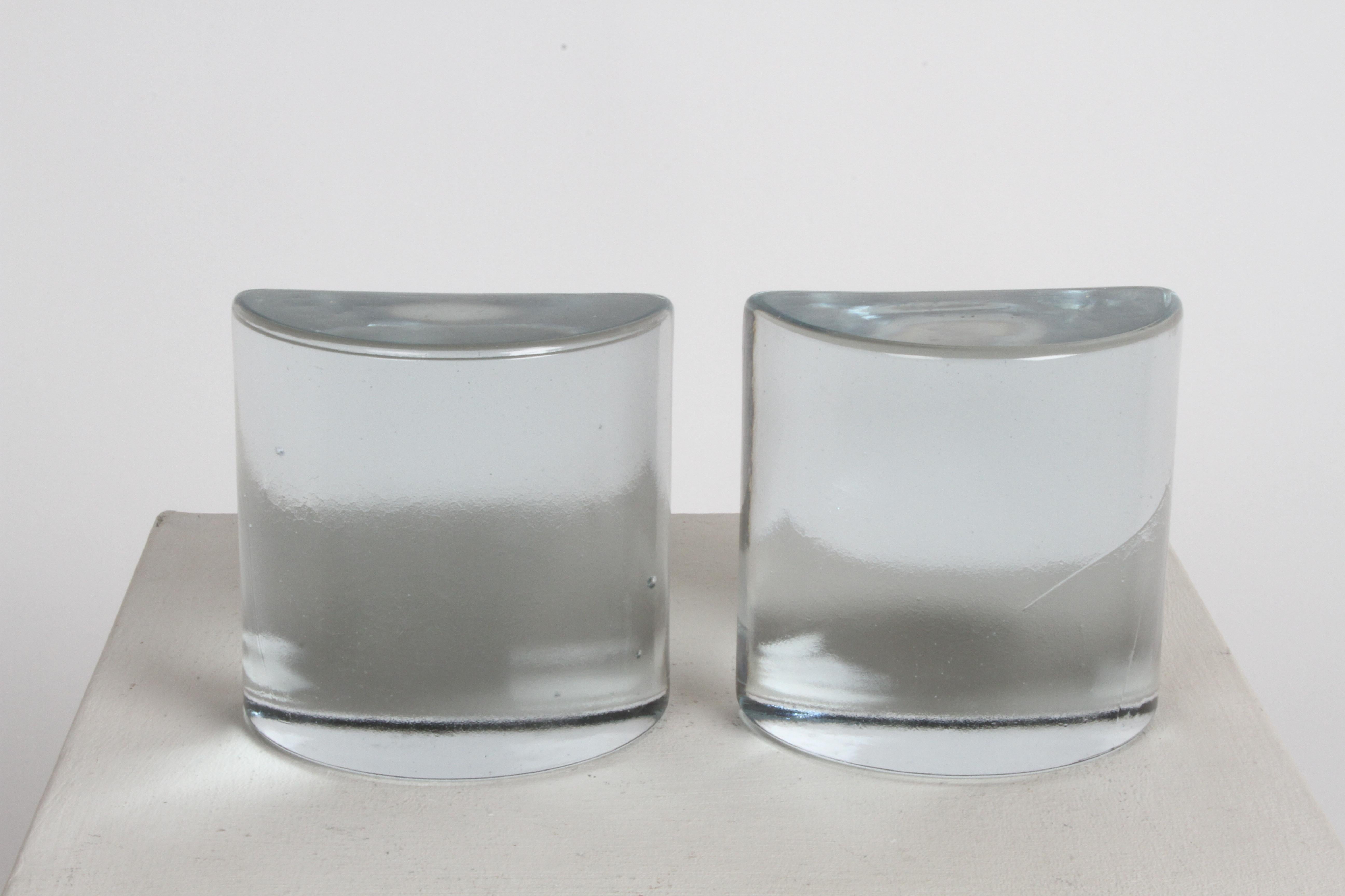 American Mid-Century Modern Blenko Clear Glass Half Circle Bookends by Wayne Husted