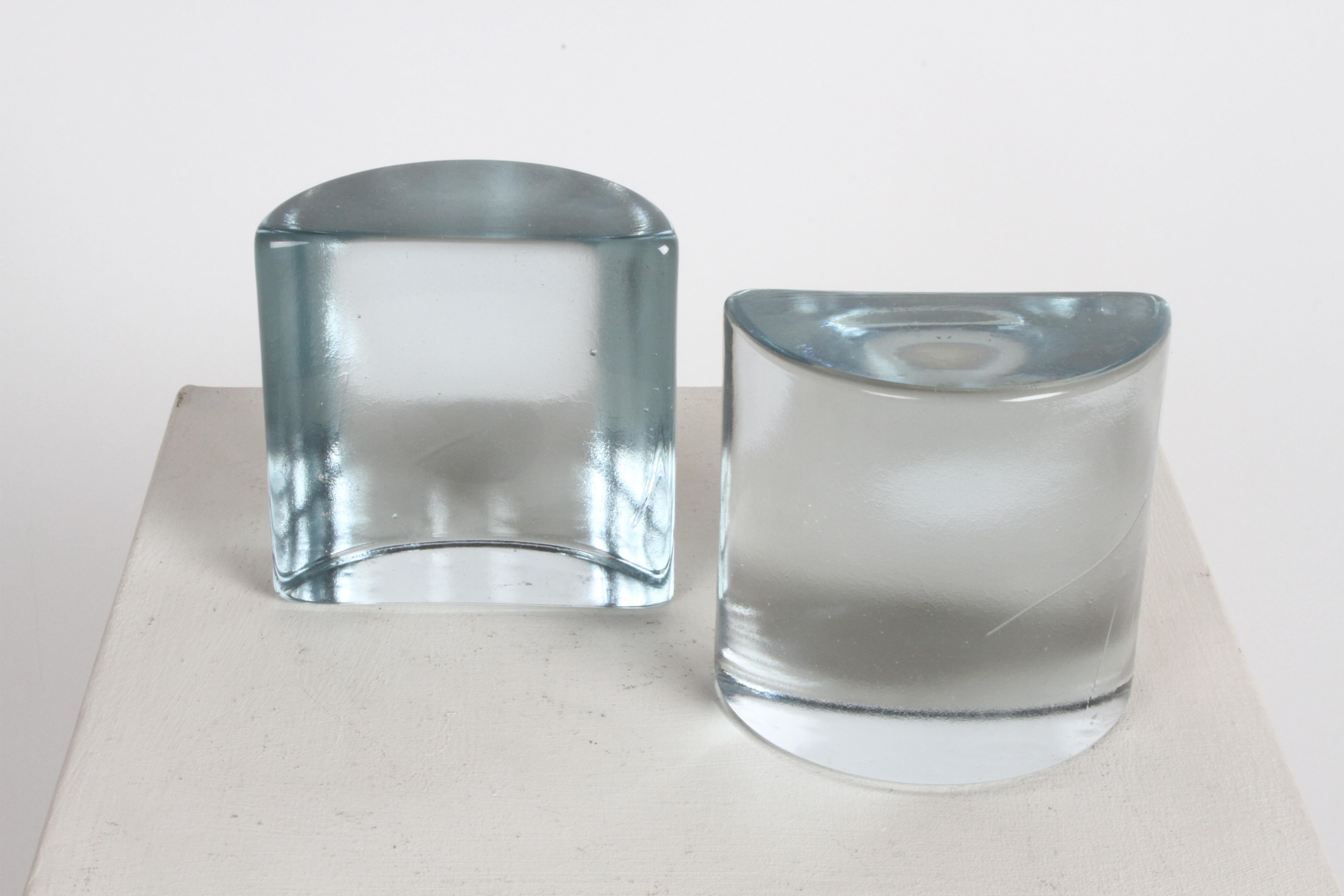 Mid-Century Modern Blenko Clear Glass Half Circle Bookends by Wayne Husted In Good Condition In St. Louis, MO