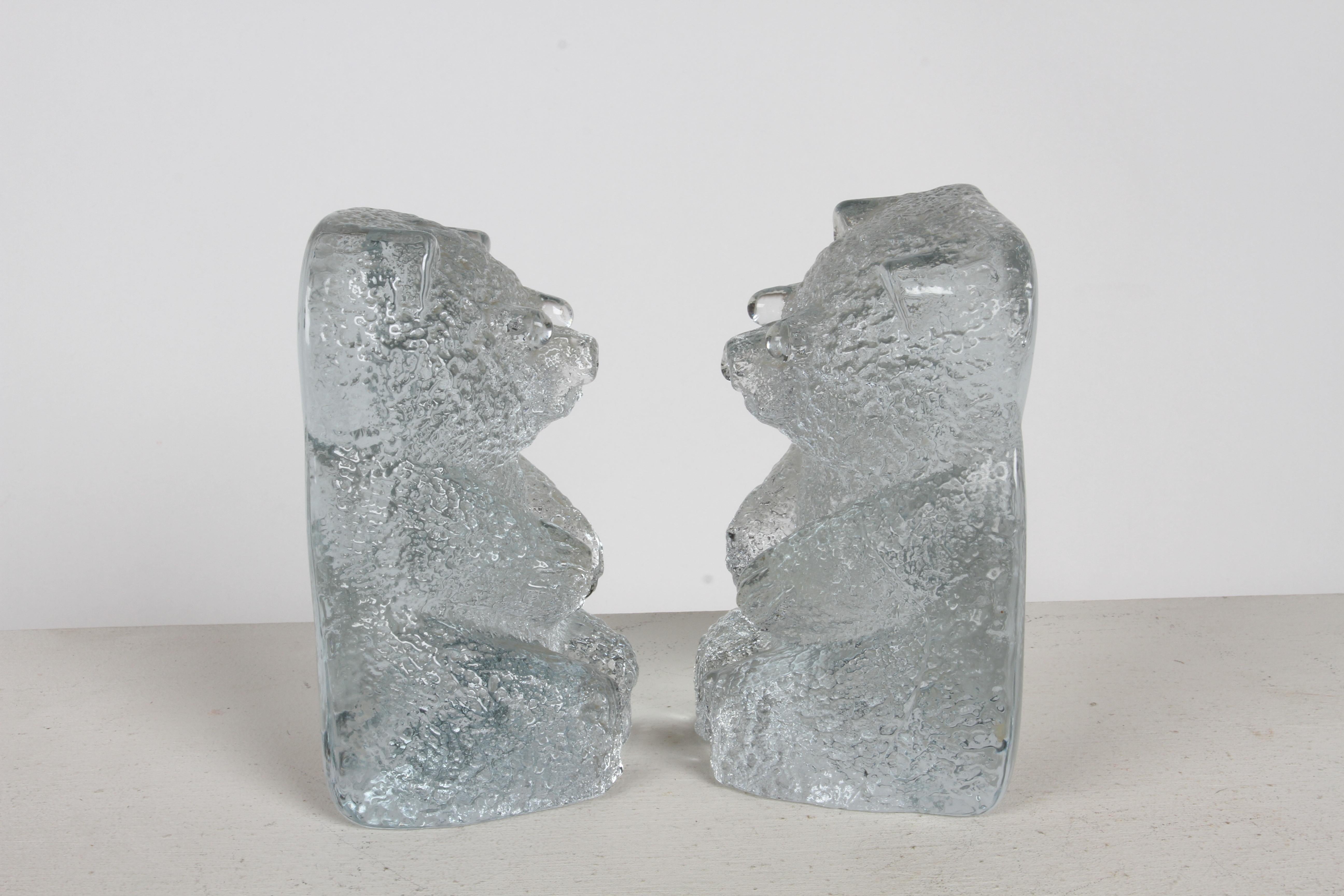 Mid-Century Modern Blenko Clear Textured Glass Bear Bookends by Wayne Husted For Sale 6