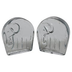 Mid-Century Modern Blenko Clear Textured Glass Elephant Bookends by Wayne Husted