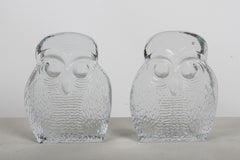 Mid-Century Modern Blenko Clear Textured Glass "Owl" Bookends by Wayne Husted