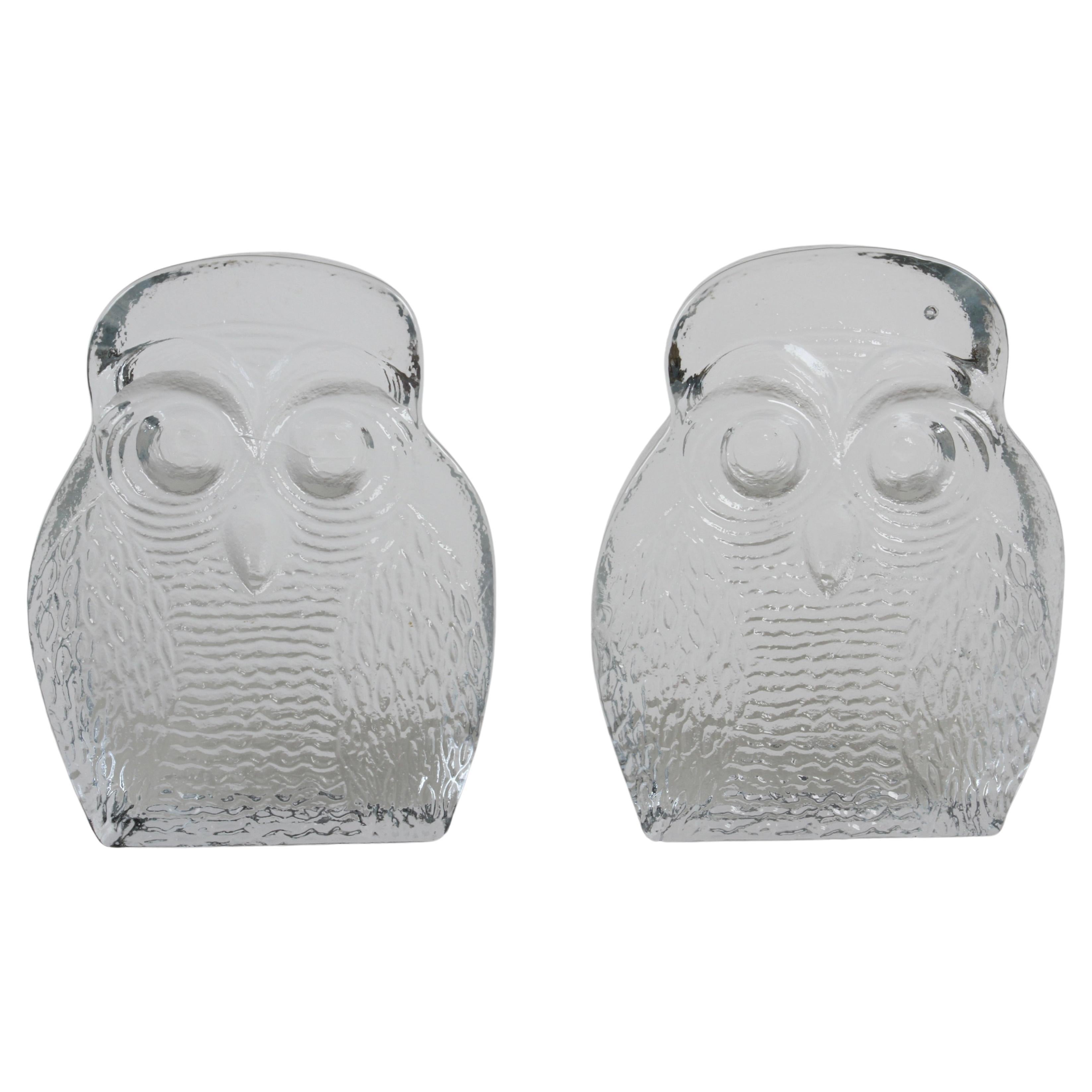Mid-Century Modern Blenko Clear Textured Glass "Owl" Bookends by Wayne Husted