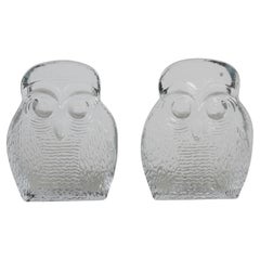 Mid-Century Modern Blenko Clear Textured Glass "Owl" Bookends by Wayne Husted