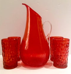 Mid-Century Modern Blenko Glass Tangerine Tumblers & Handled Drinks S/5