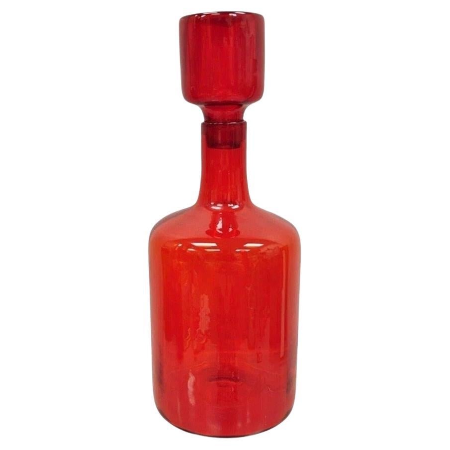 Mid Century Modern Blenko Large Red Blown Art Glass Vase Vessel Jug with Stopper For Sale