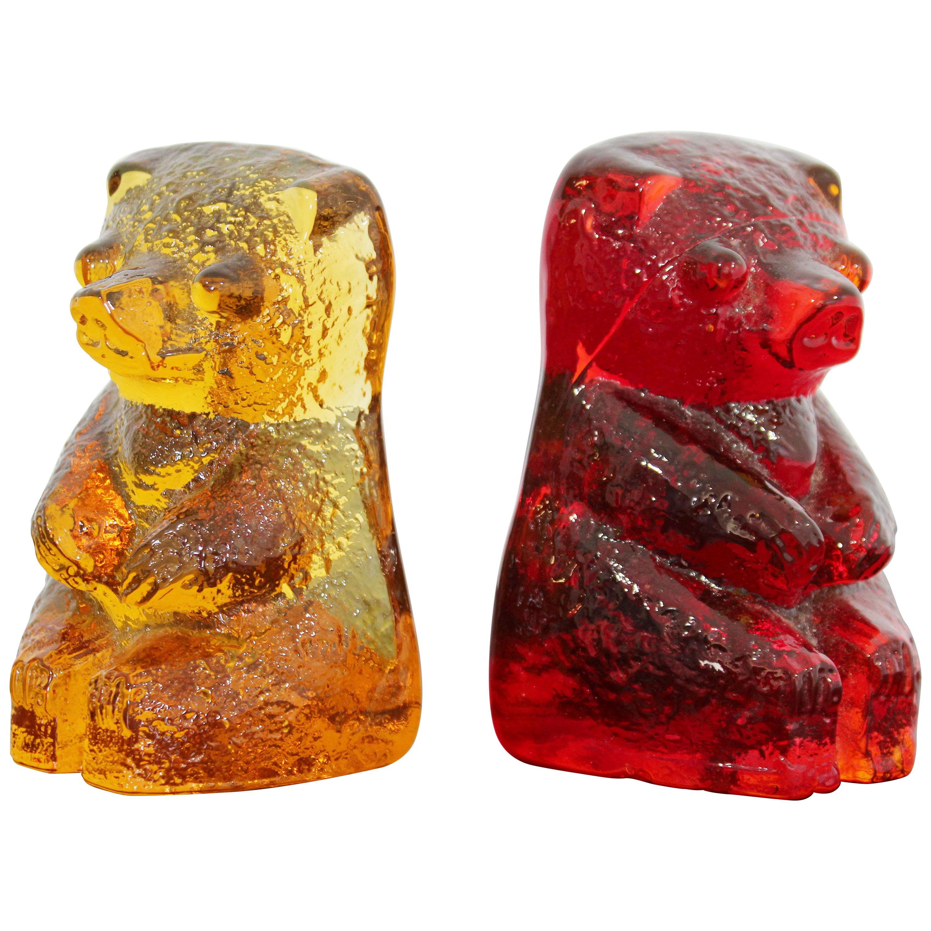 Mid-Century Modern Blenko Pair of Red and Yellow Glass Bear Book Ends, 1970s