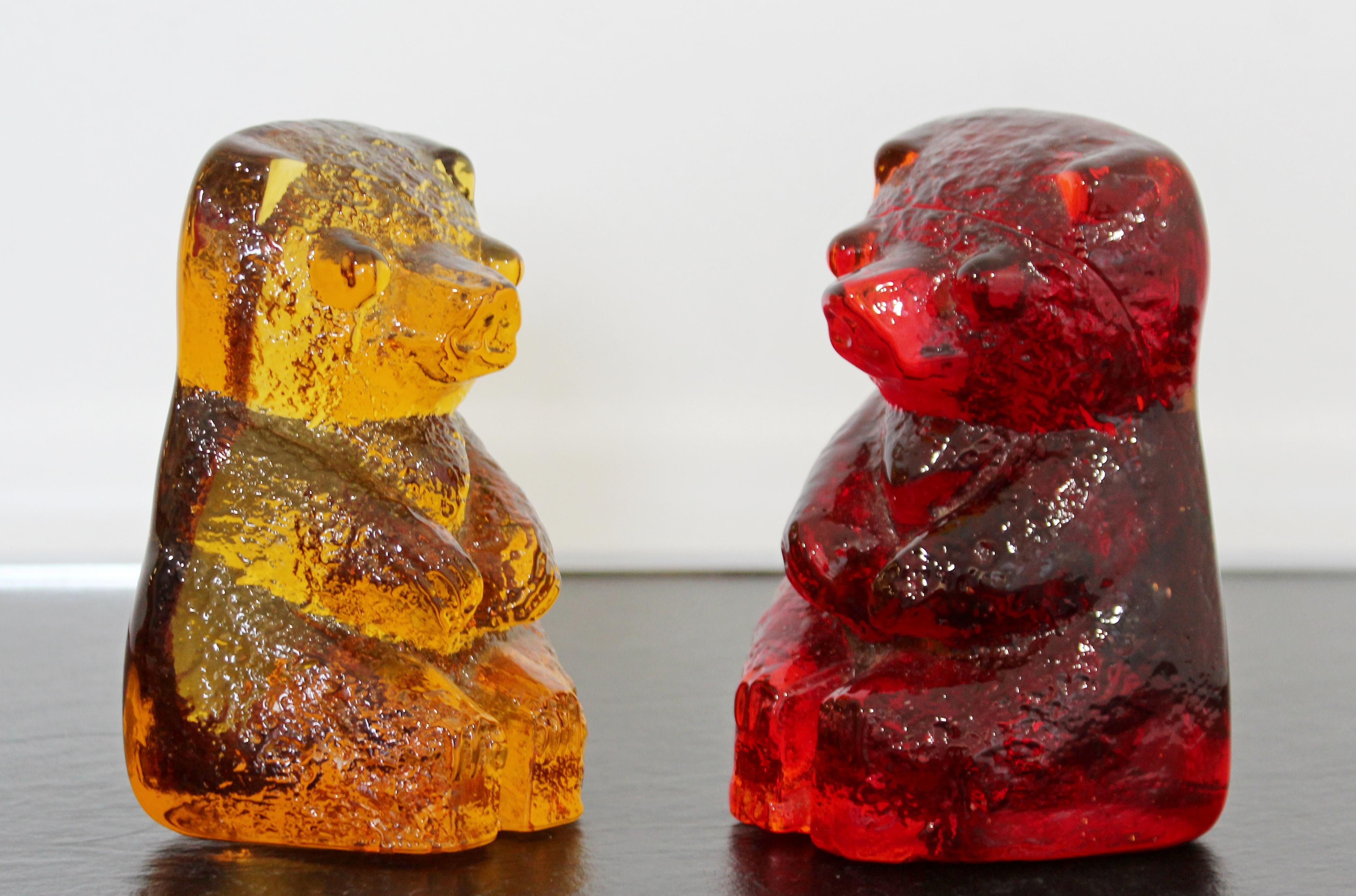 Late 20th Century Mid-Century Modern Blenko Pair of Red and Yellow Glass Bear Book Ends, 1970s