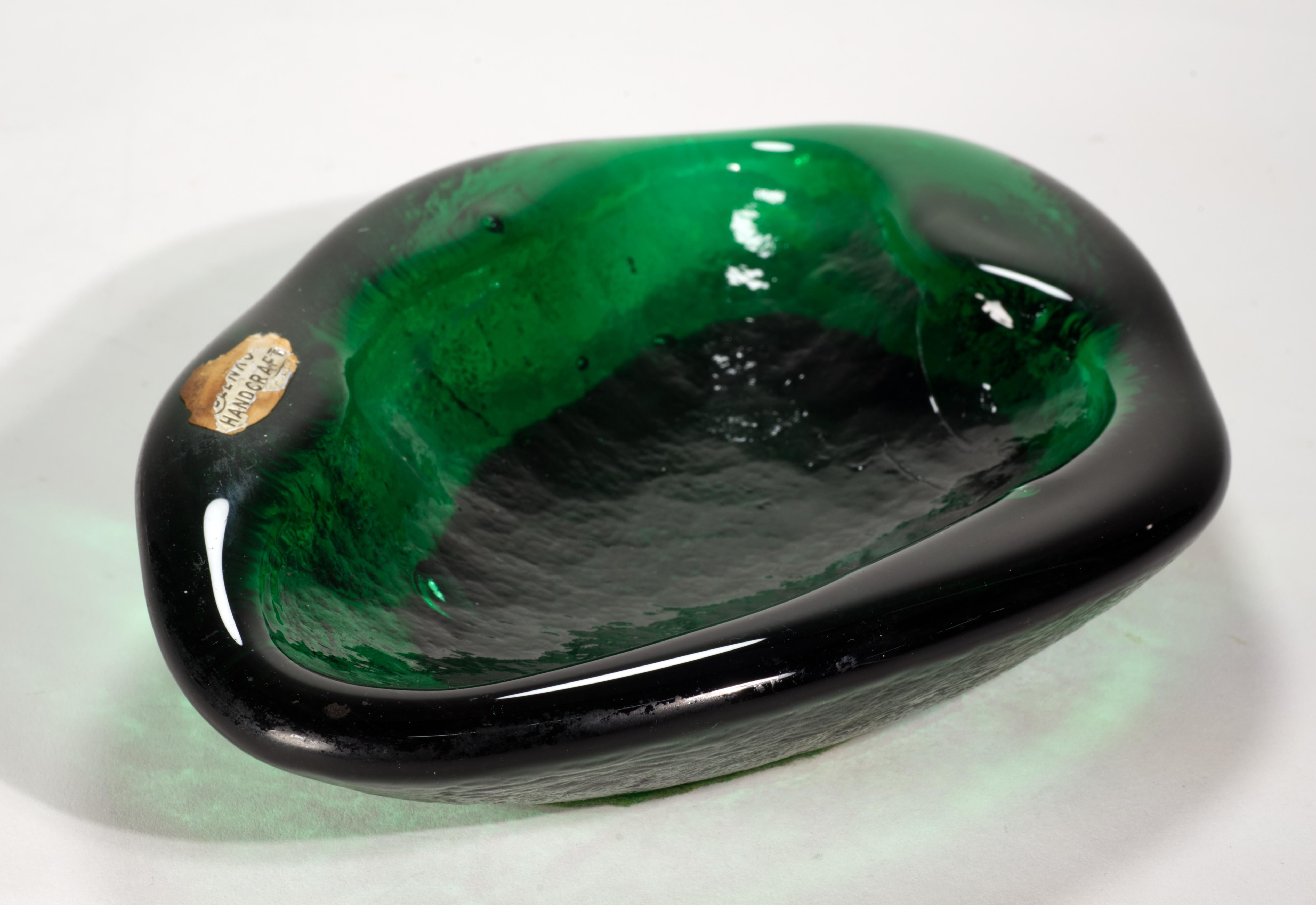 American Mid-Century Modern Blenko Thick Green Glass Catchall Bowl Ashtray