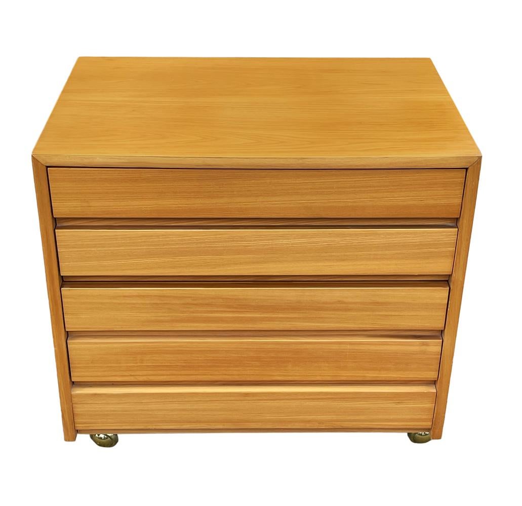 American Mid Century Modern Blond Wood Cabinet or Night Stand with Drawers & Casters For Sale