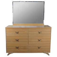 Mid-Century Modern Blonde Oak Six Drawer Dresser & Vanity Mirror Retro