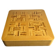 Mid century modern Blonde Parquet Burl Square drum coffee table Milo Baughman