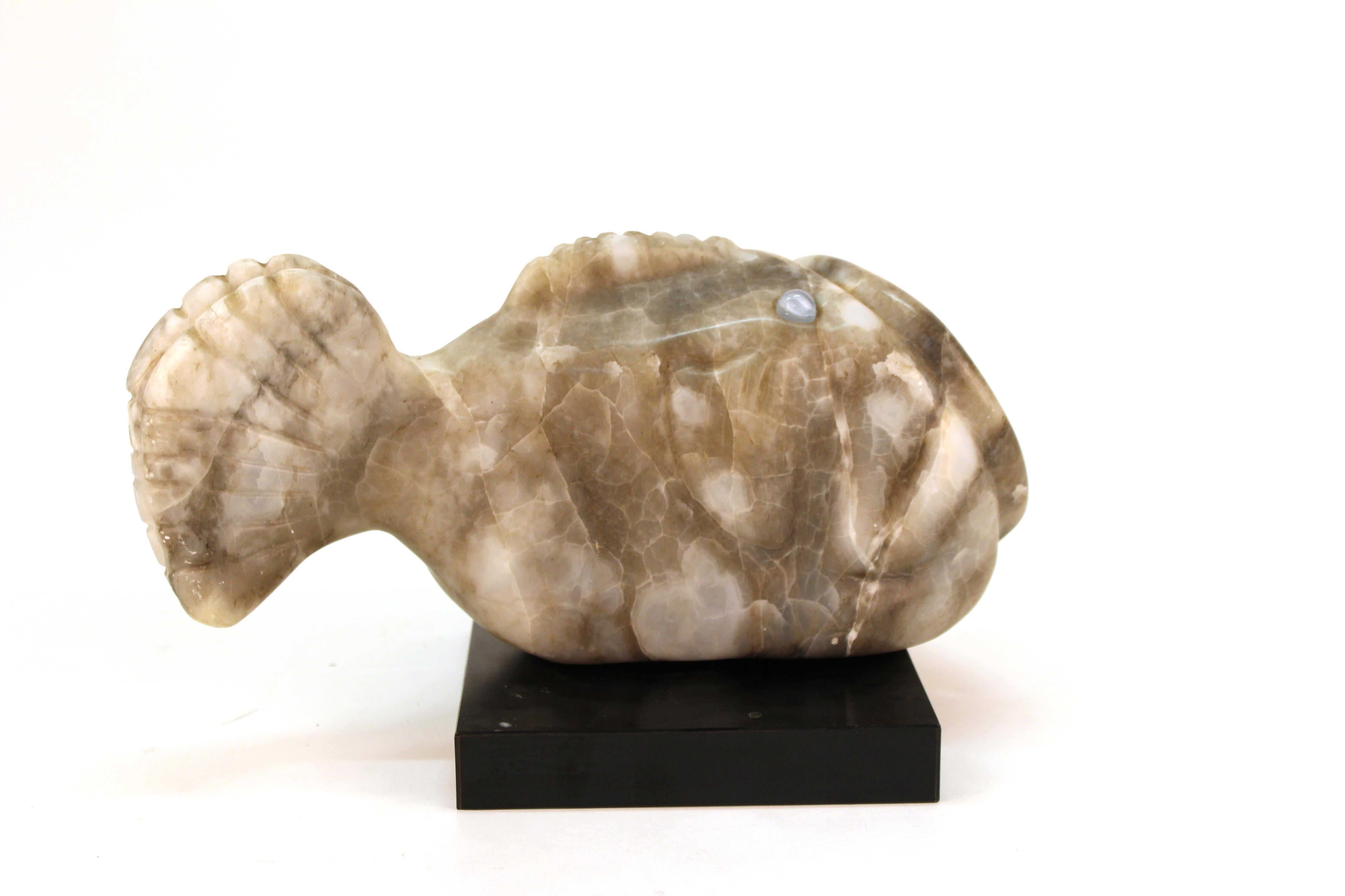 American Mid-Century Modern Blowfish Sculpture in White Stone with Glass Marble Eyes For Sale