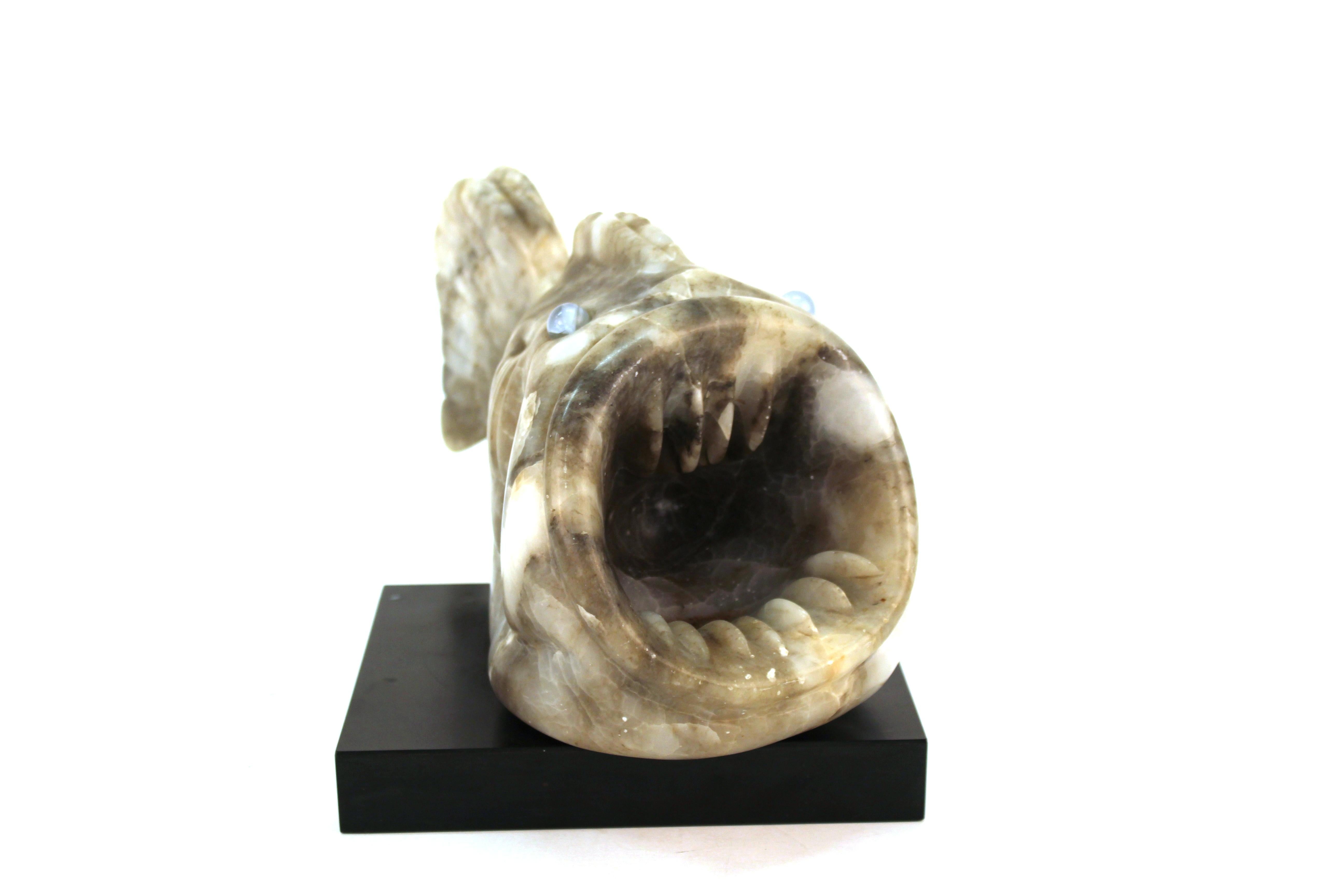 Mid-Century Modern Blowfish Sculpture in White Stone with Glass Marble Eyes In Good Condition For Sale In New York, NY