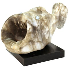 Mid-Century Modern Blowfish Sculpture in White Stone with Glass Marble Eyes