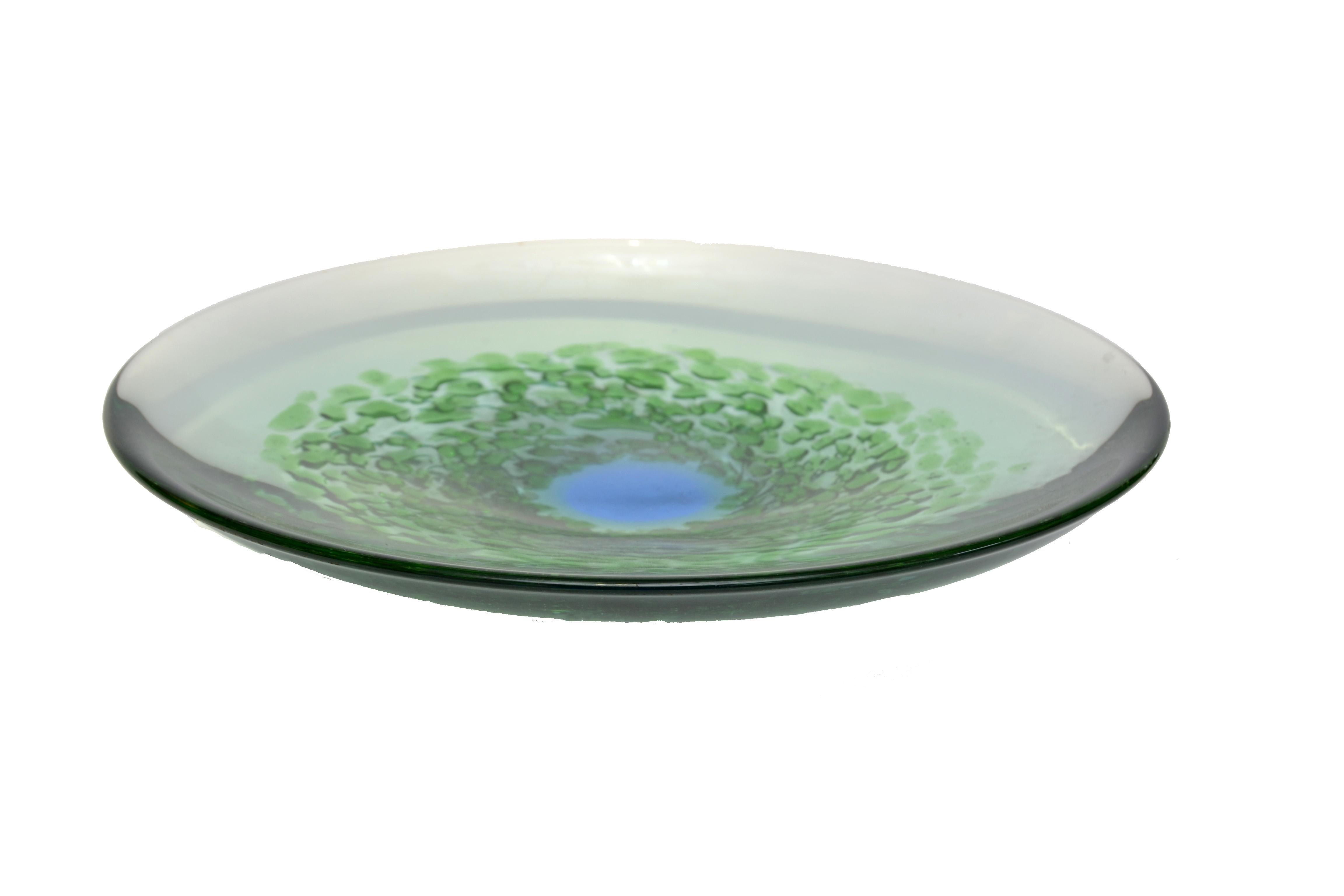 This is a unique blown Murano glass fruit plate in green and blue.
No signature found.
 