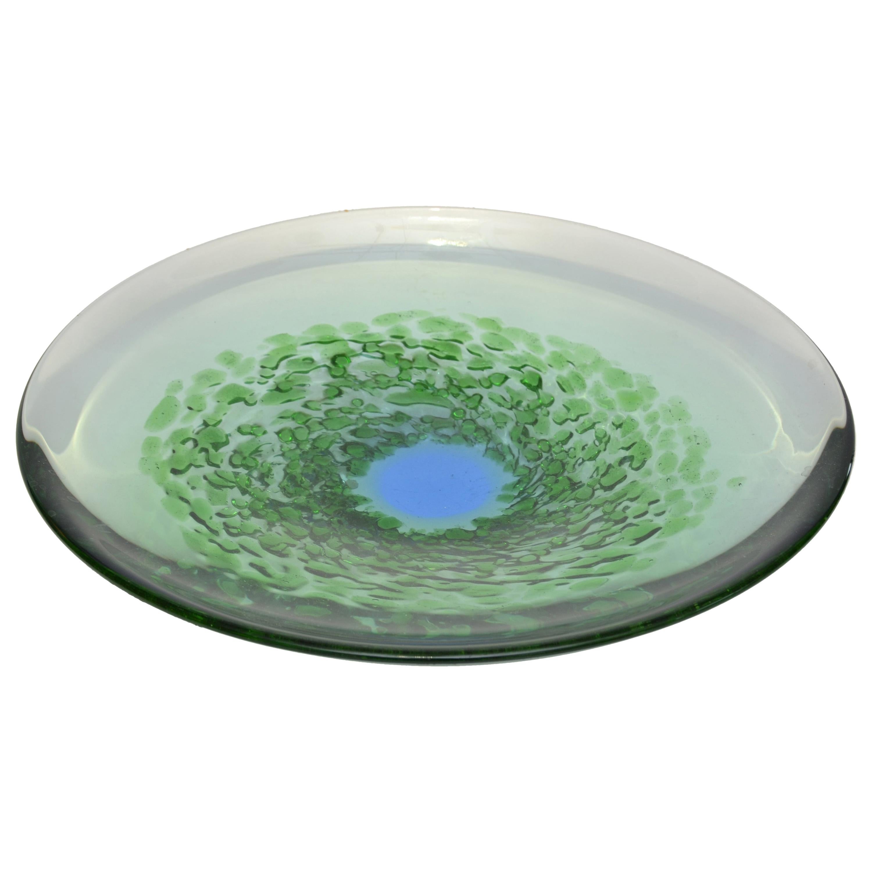 Plato de cristal de Murano soplado de mediados de siglo en verde y azul, Italia en venta
