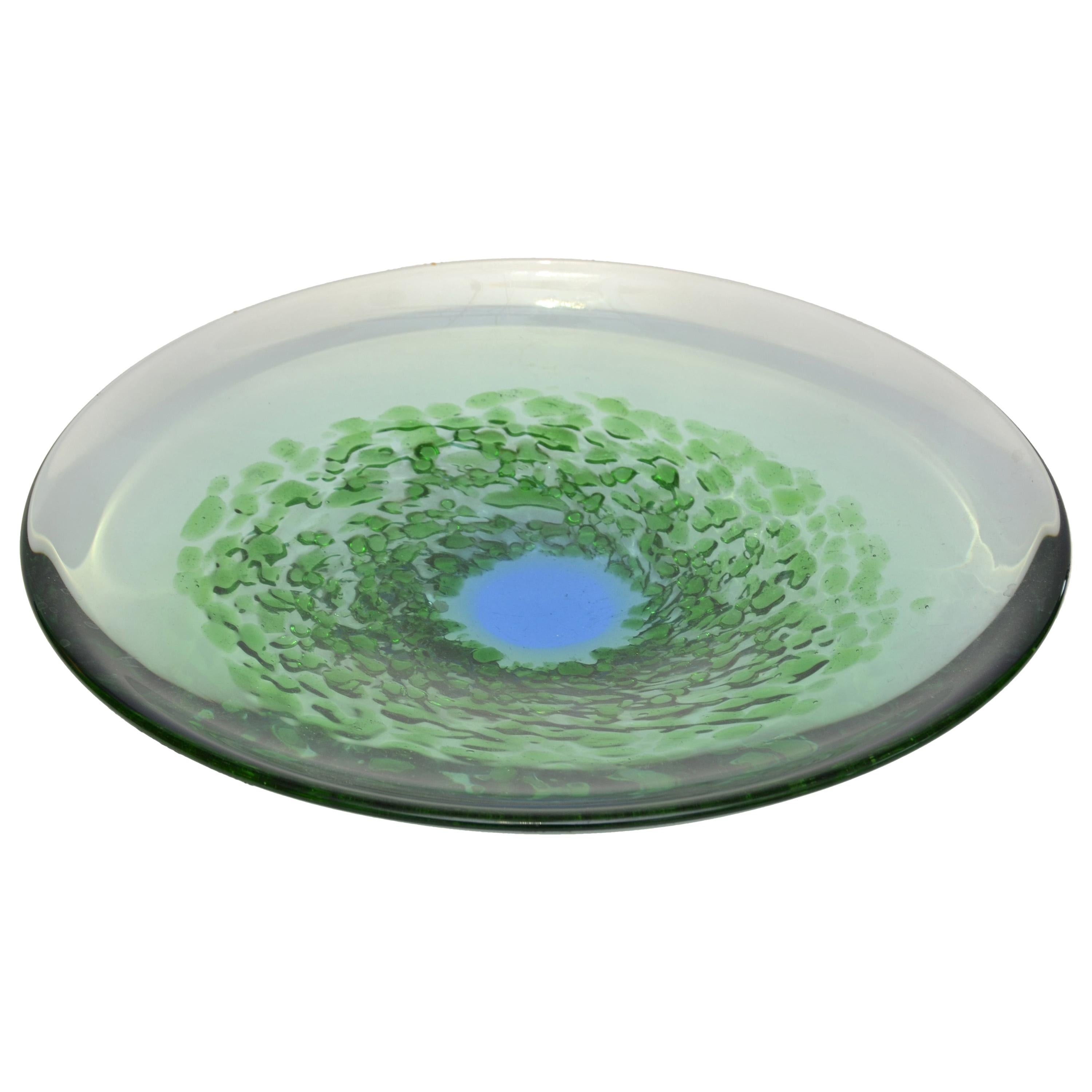 Mid-Century Modern Blown Murano Glass Plate in Green and Blue, Italy For Sale