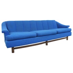 Mid-Century Modern Blue 3-Seat Sofa on Wood Base