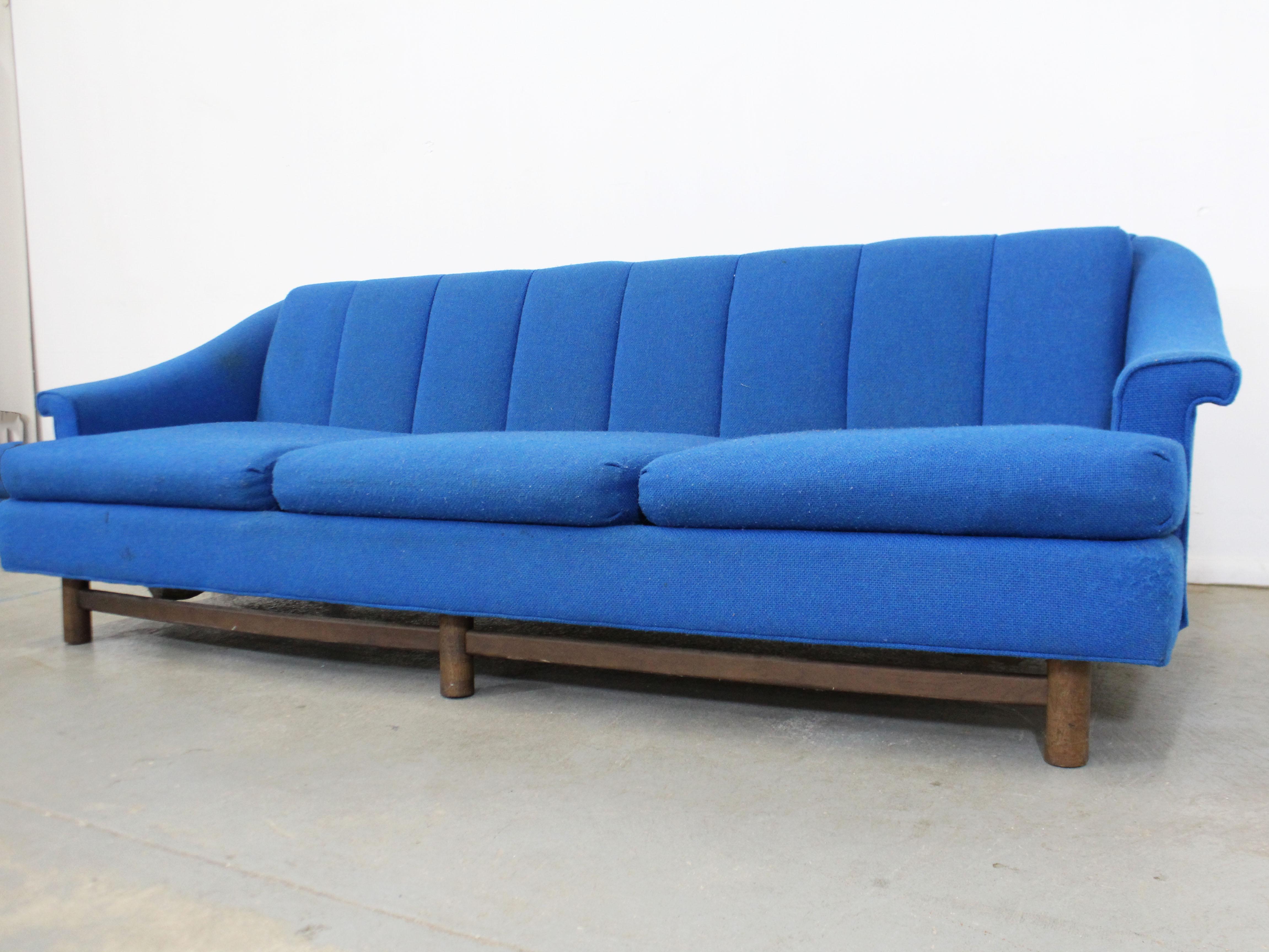 American Mid-Century Modern Blue 3-Seat Sofa on Wood Base For Sale