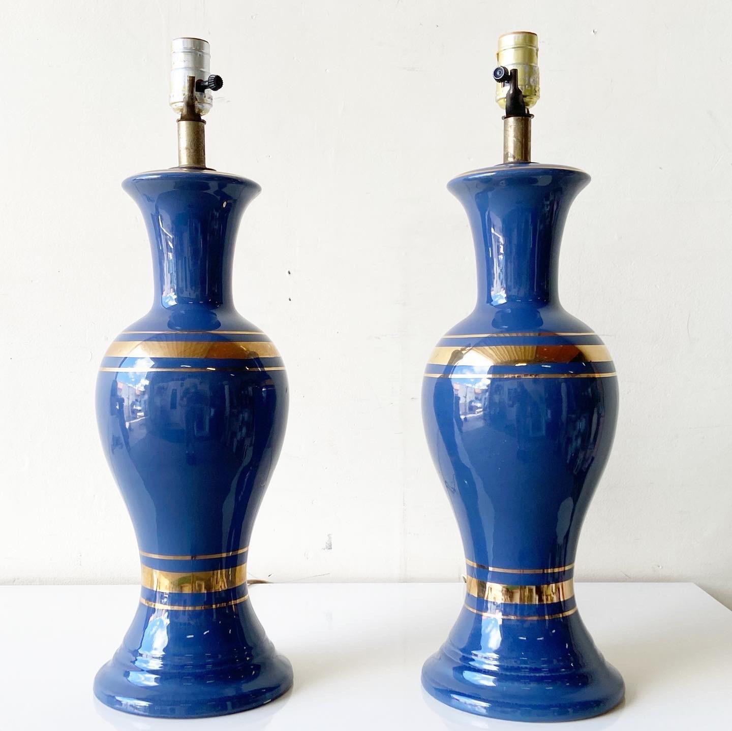 Mid Century Modern Blue and Gold Porcelain Table Lamps – a Pair In Good Condition For Sale In Delray Beach, FL