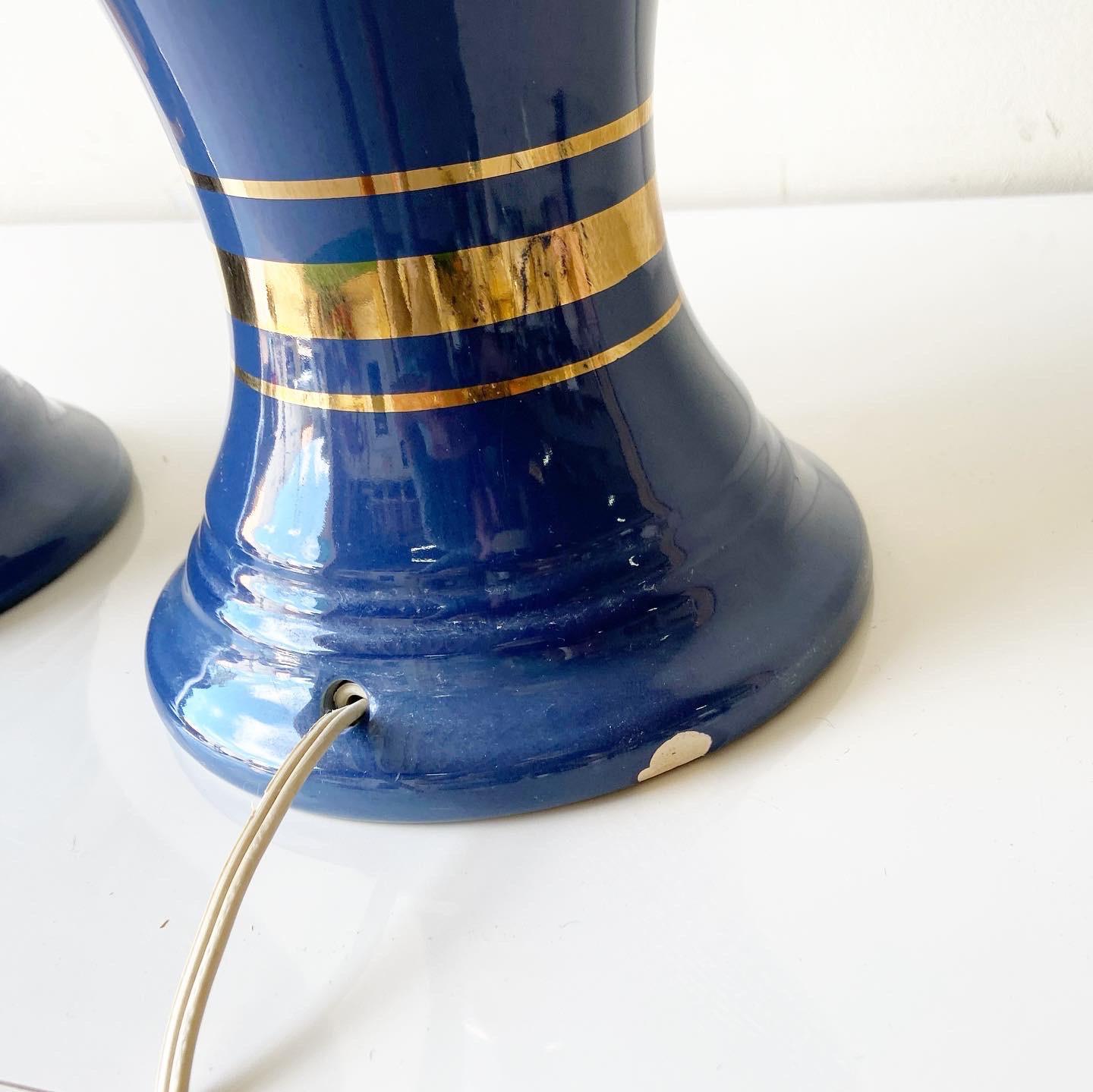 Ceramic Mid Century Modern Blue and Gold Porcelain Table Lamps – a Pair For Sale