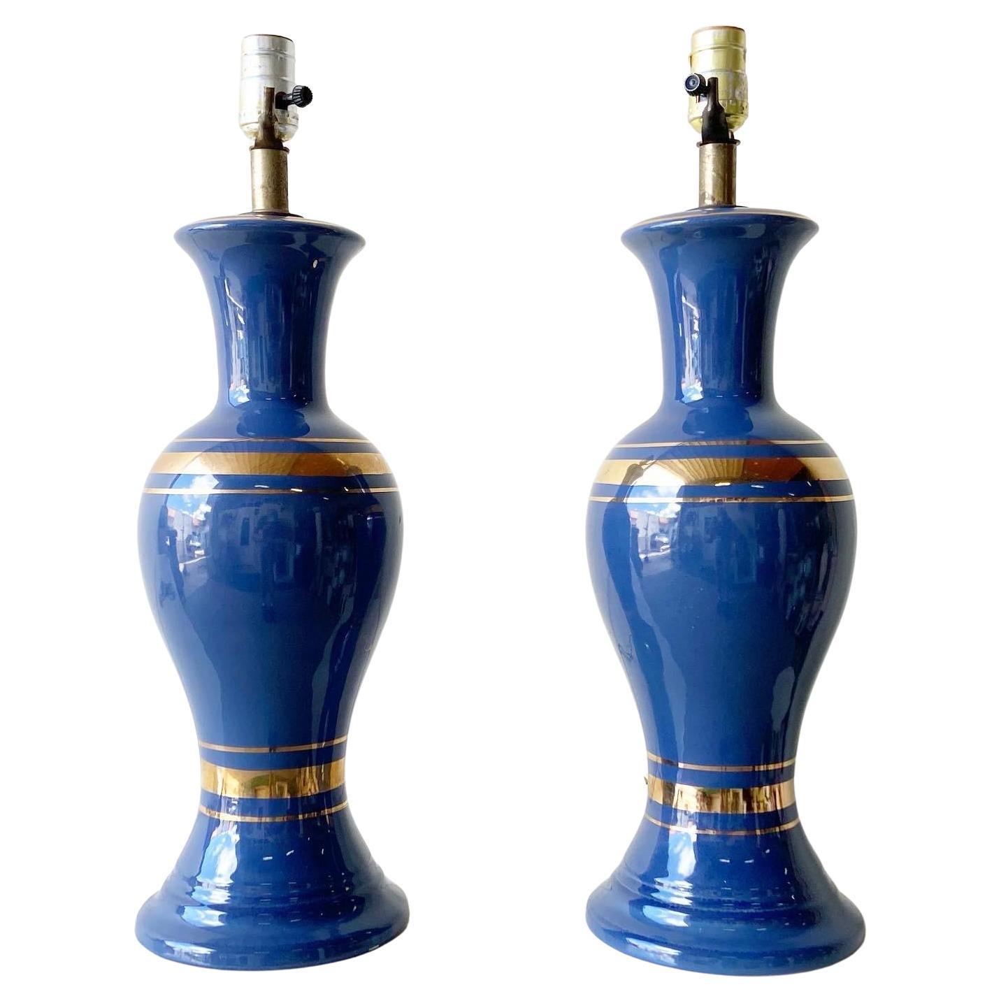 Mid Century Modern Blue and Gold Porcelain Table Lamps – a Pair For Sale